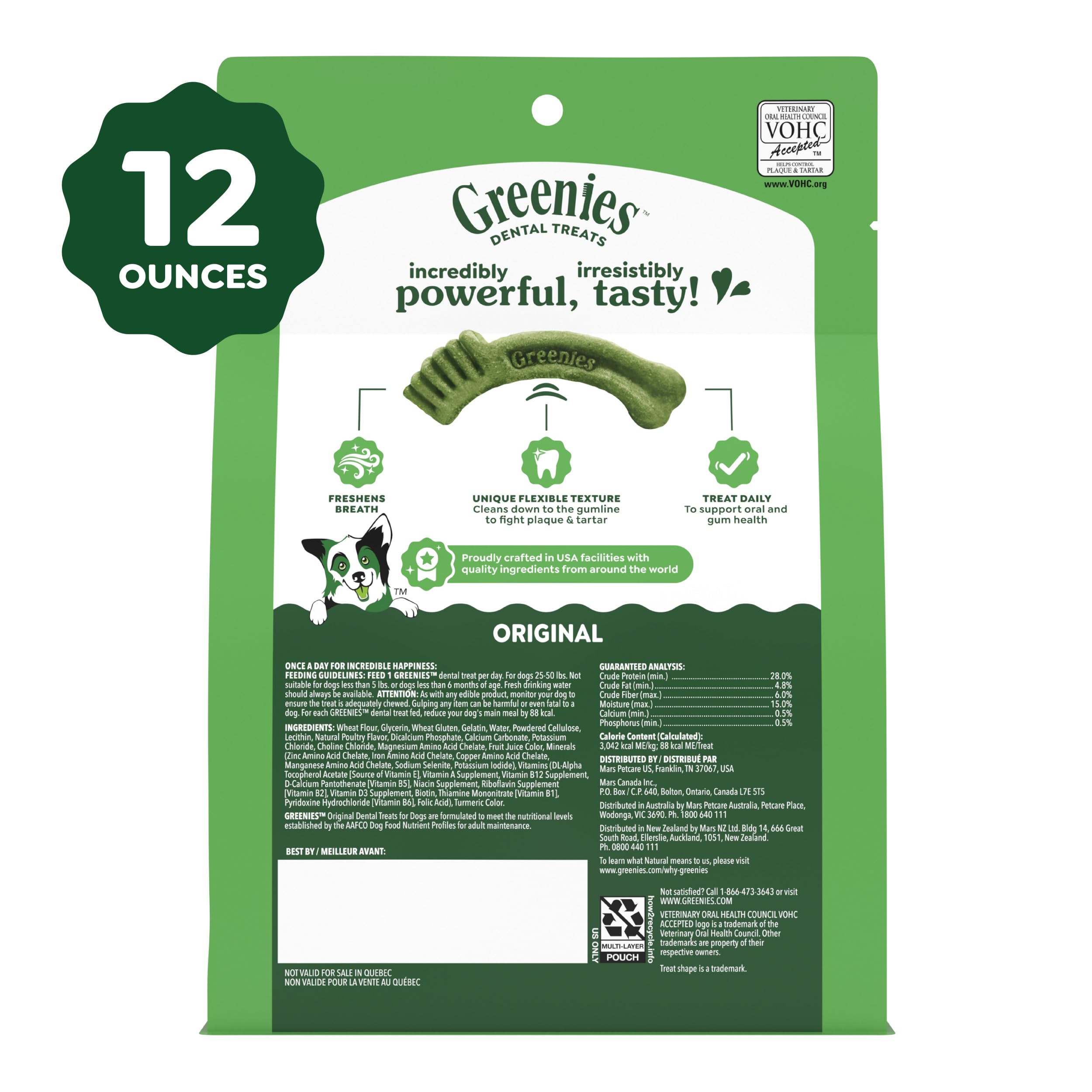 Greenies Veterinarian-Recommended Adult Natural Dental Dog Treats Regular Size, Dog Dental Chews, Original Flavor, 12 oz. Pack, 12 Count