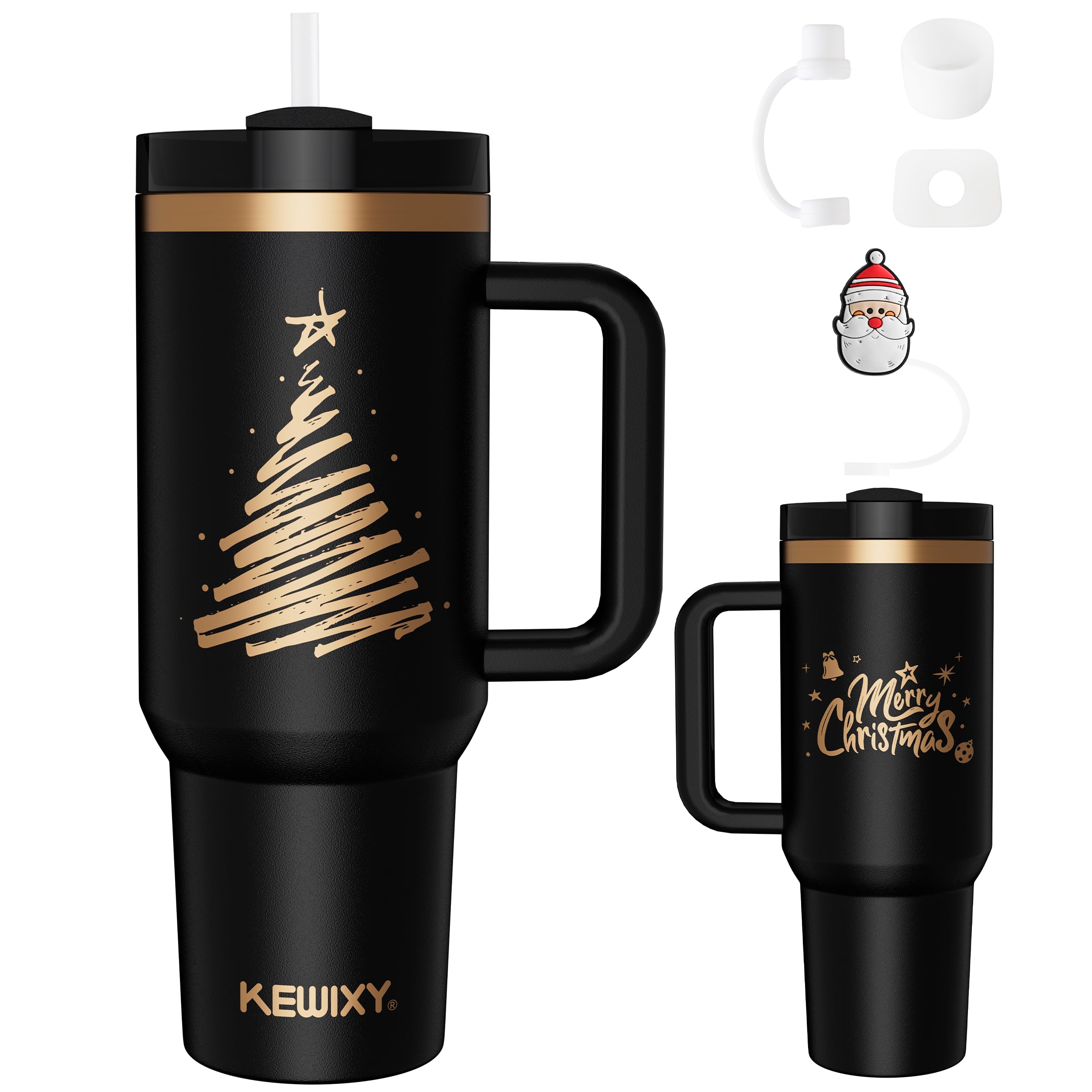 KEWIXY 40 oz Tumbler With Handle and Straw,Vacuum Insulated Water Bottle, Leak Proof Fits in Cup Holder, Travel Coffee Mug with Lid -Golden Christmas Treex1