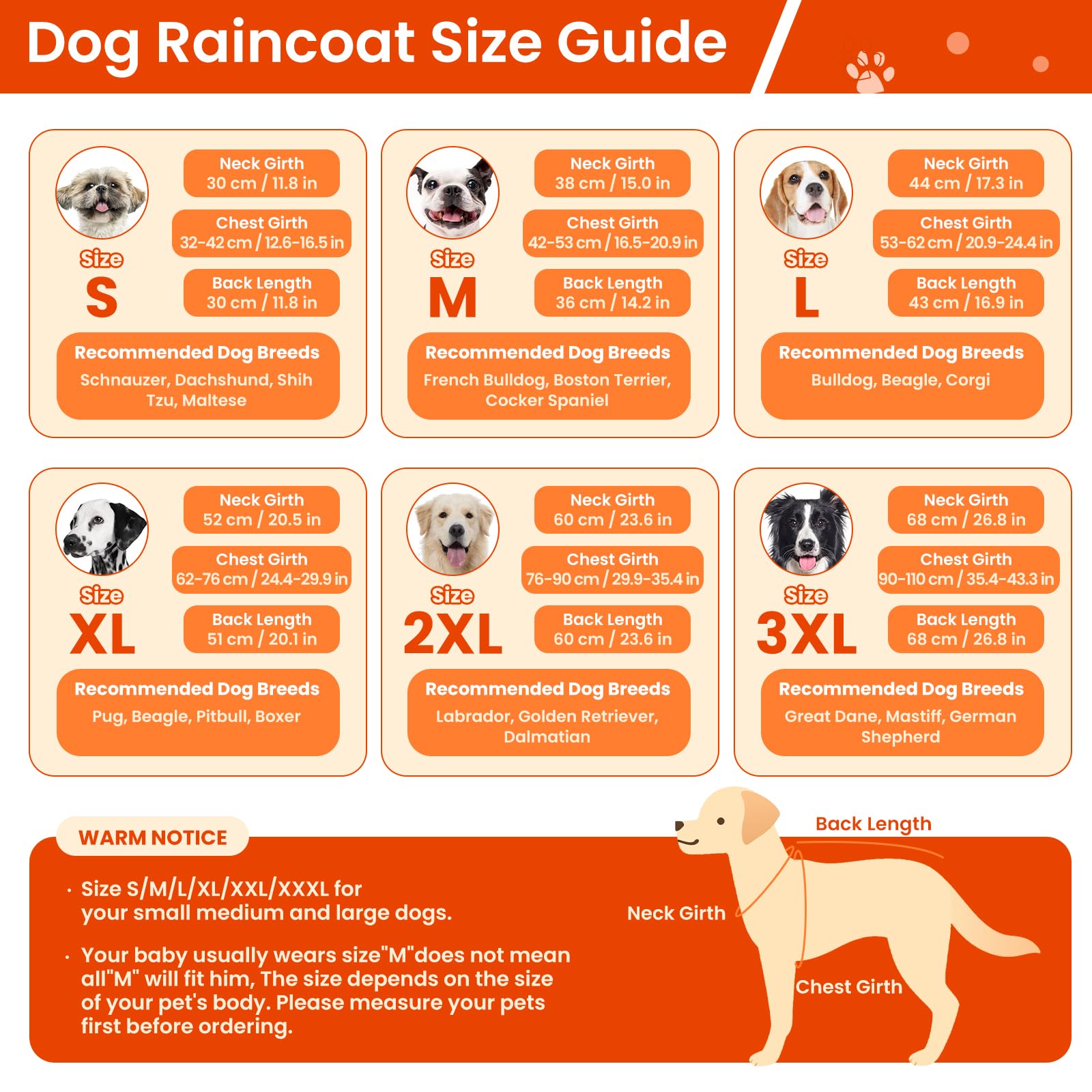 BRKURLEG Dog Raincoat for Small Medium and Large Dogs Waterproof Dog Rain Jacket Adjustable Hooded Dogs Raincoat Pet Rain Coat Poncho with Leash Hole, Reflective Strip, Orange, M
