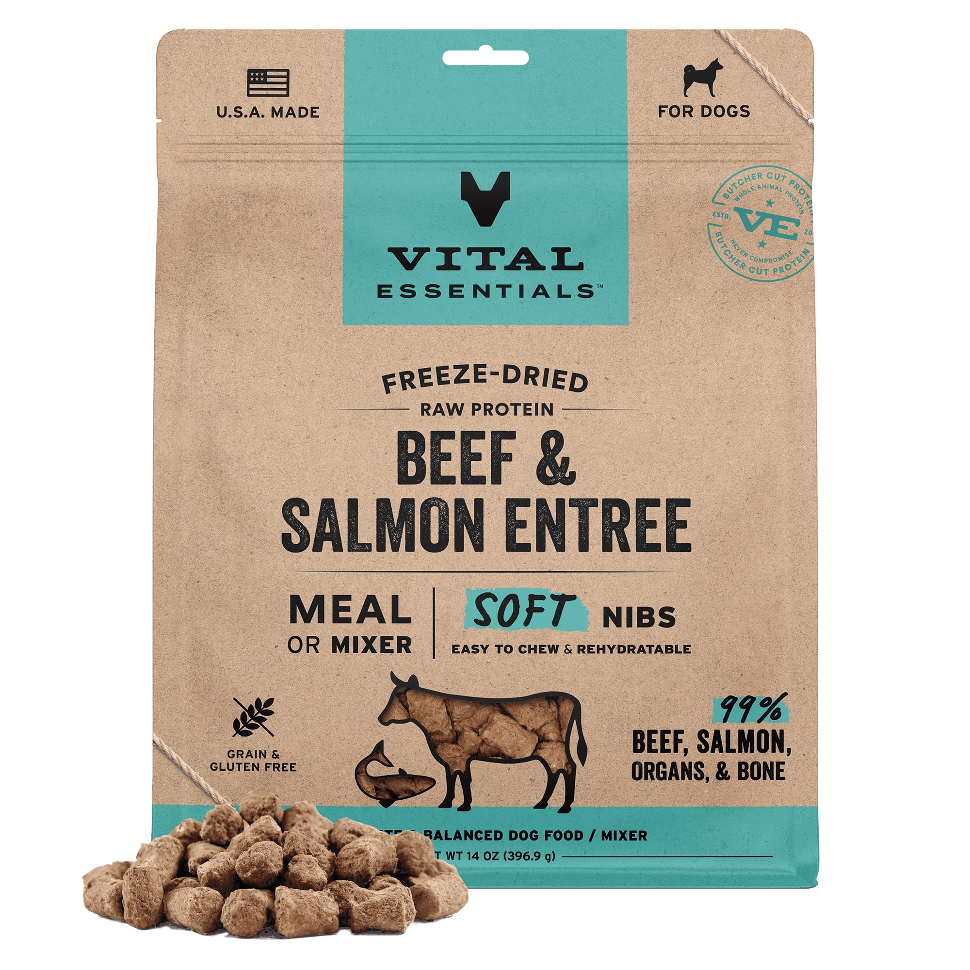 Vital Essentials Freeze Dried Dog Food, Raw Beef & Salmon Soft Nibs | Complete Meal or Topper | 99% Beef, Salmon, Organs & Bone | High Protein, Grain Free Dry Dog Food | 14 oz Bag