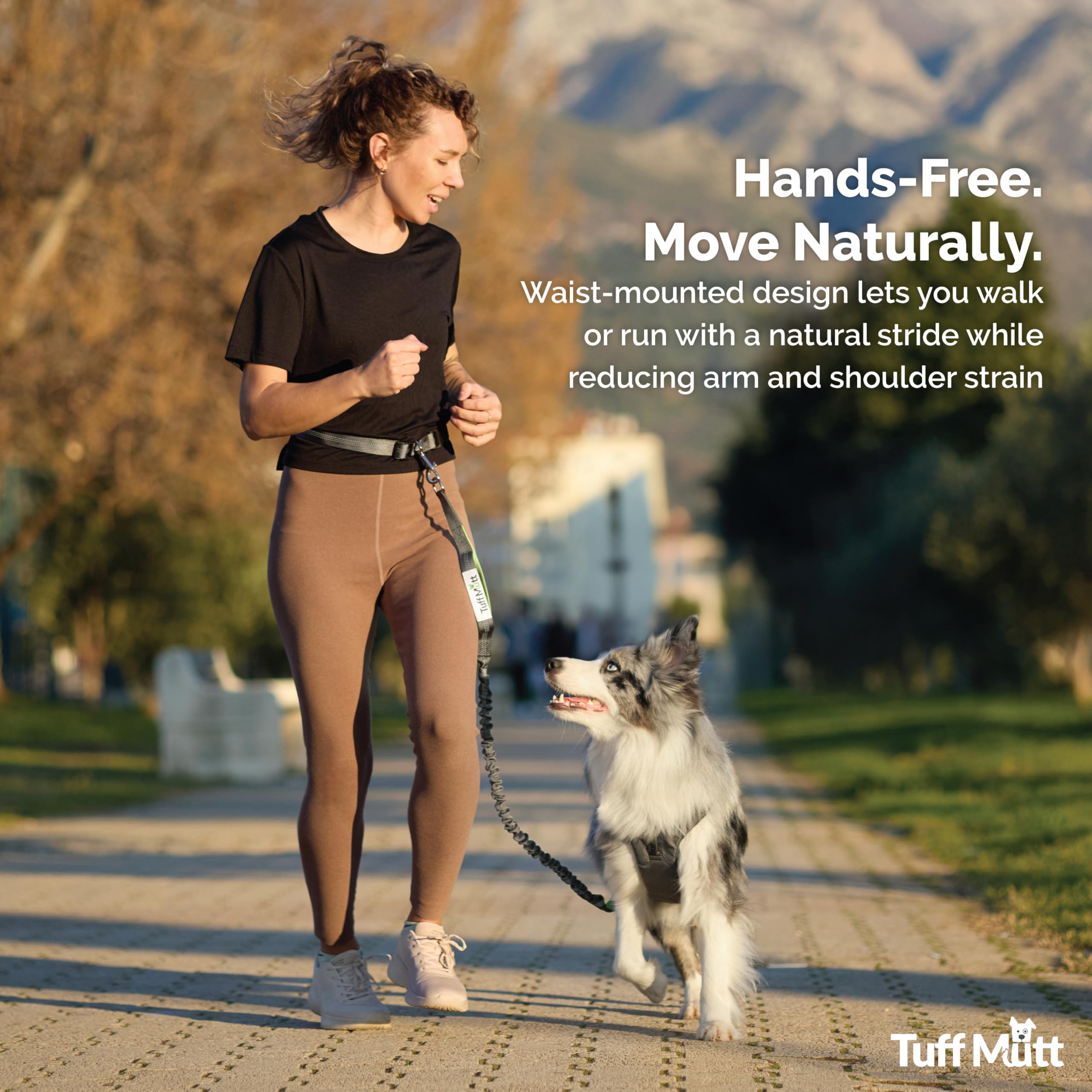 Tuff Mutt Hands Free Dog Leash for Walking Running Hiking, Waist Leash with Bungee, Adjustable Belt, Reflective Double Handle Design for Large Medium Dogs