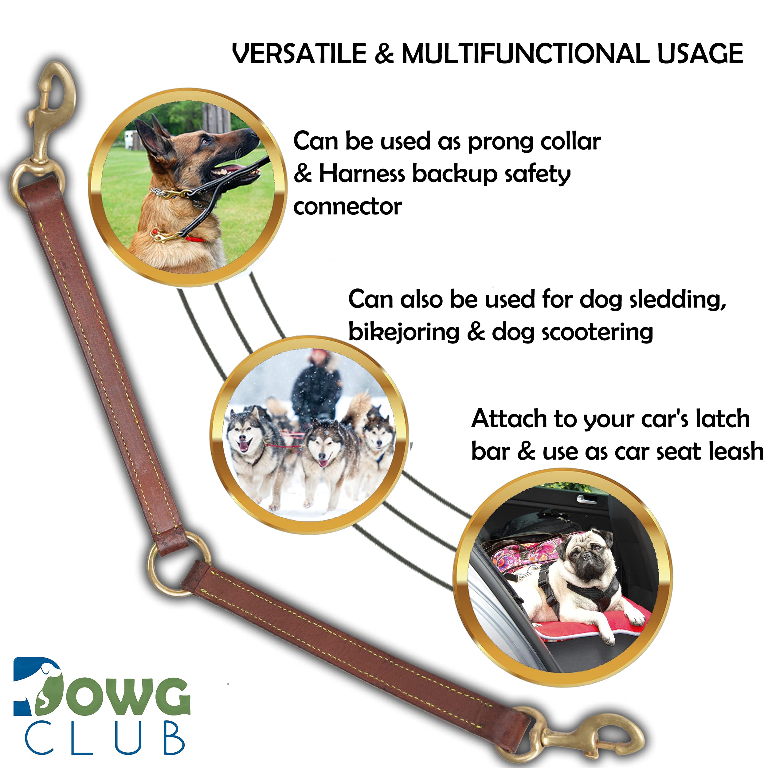 DowgClub Genuine Leather Coupler Black for Dog Leash for Walking 2 Dogs | Multipurpose, Can be Used as Safety Seatbelt Leash in car 20” | (Coupler Black)