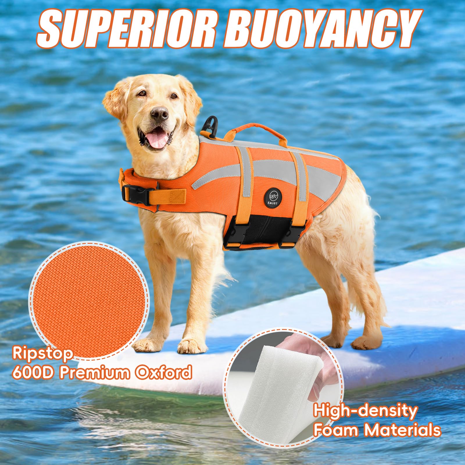 EMUST Life Vests for Dogs, Lightweight Small/Medium/Large Dog Life Preserver, XL Dog Life Jacket for Swimming/Boat/Water, Life Jacket for Large Dogs, NewOrange, XL