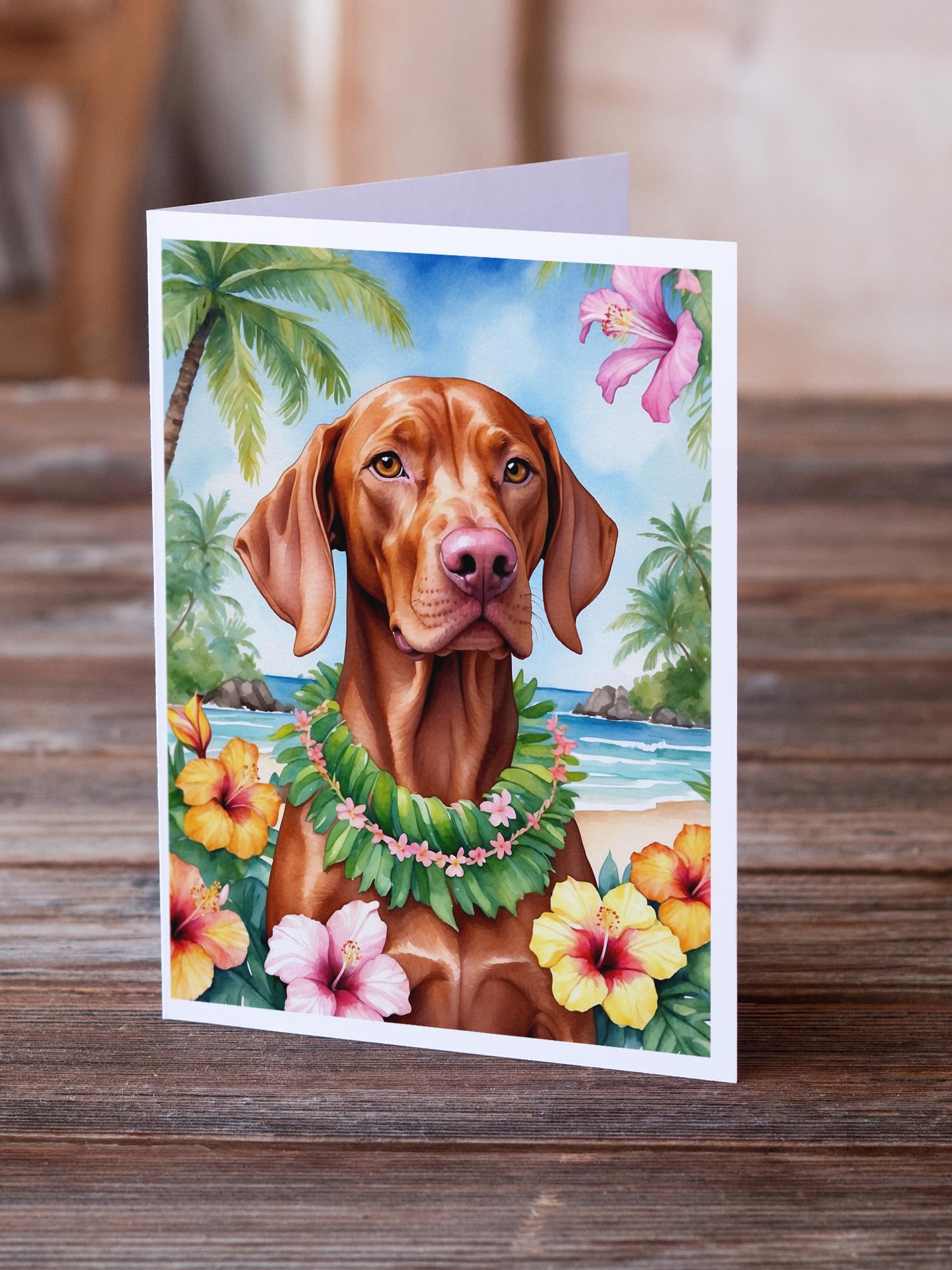 Caroline's Treasures Vizsla Luau Greeting Cards Pack of 8 Blank Cards with Envelopes Whimsical A7 Size 5x7 Blank Note Cards