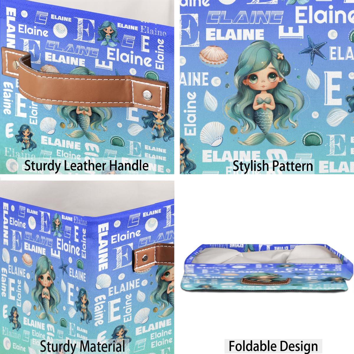 Mardesigns Mermaid Custom Cube Storage Bins, Personalized Cute Animals 13 Inch Bowknot Foldable Closet Storage Cube Organizer Basket with Handle for Shelves Home