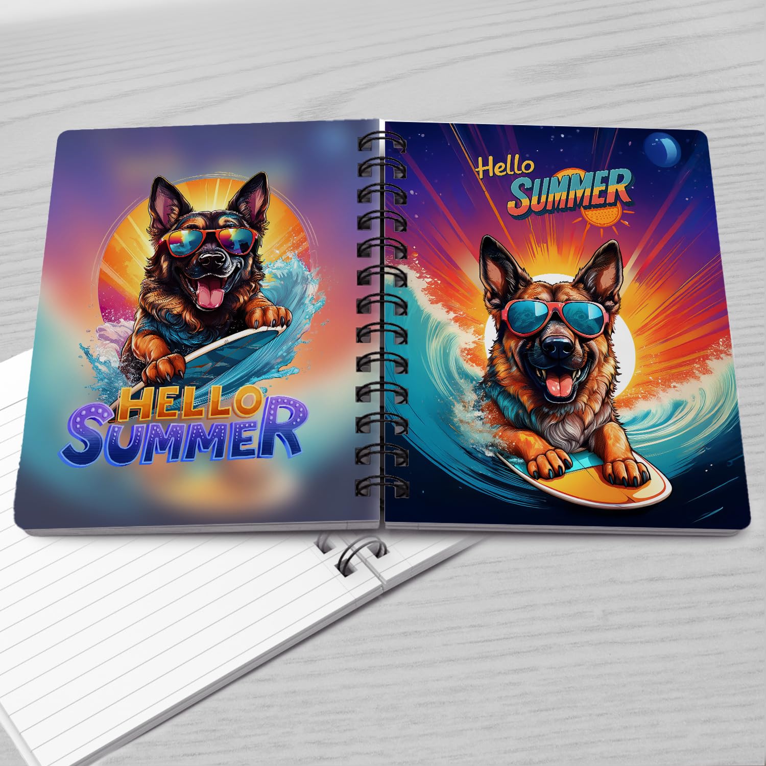 Ninety3POD Retro Surfing German Shepherd in Cool Sunglasses Hello Summer Waves Spiral Bound Journal Alsatian Dog Lover Gifts 5x7in Spiral Notebook 001