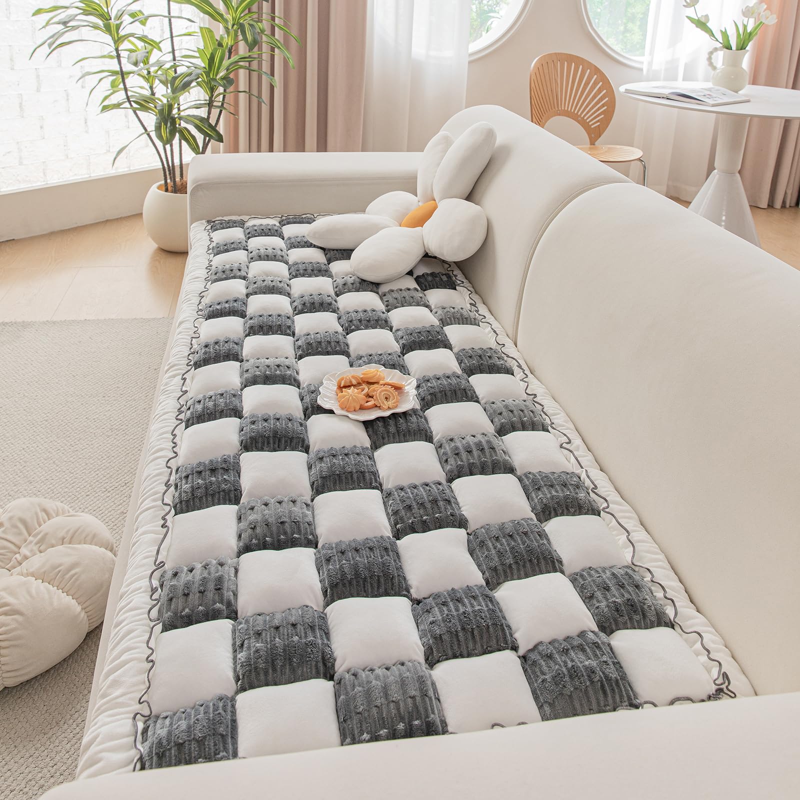 DREAMINGO Couch Cover for Dogs Washable, Funny Fuzzy Pet Sofa Covers Non Slip, Modern Checkered Dog Bed Mat, Thick Soft Couch Cushion Protector for 3 Seat Sofa, Grey, 27.6"x70.9"
