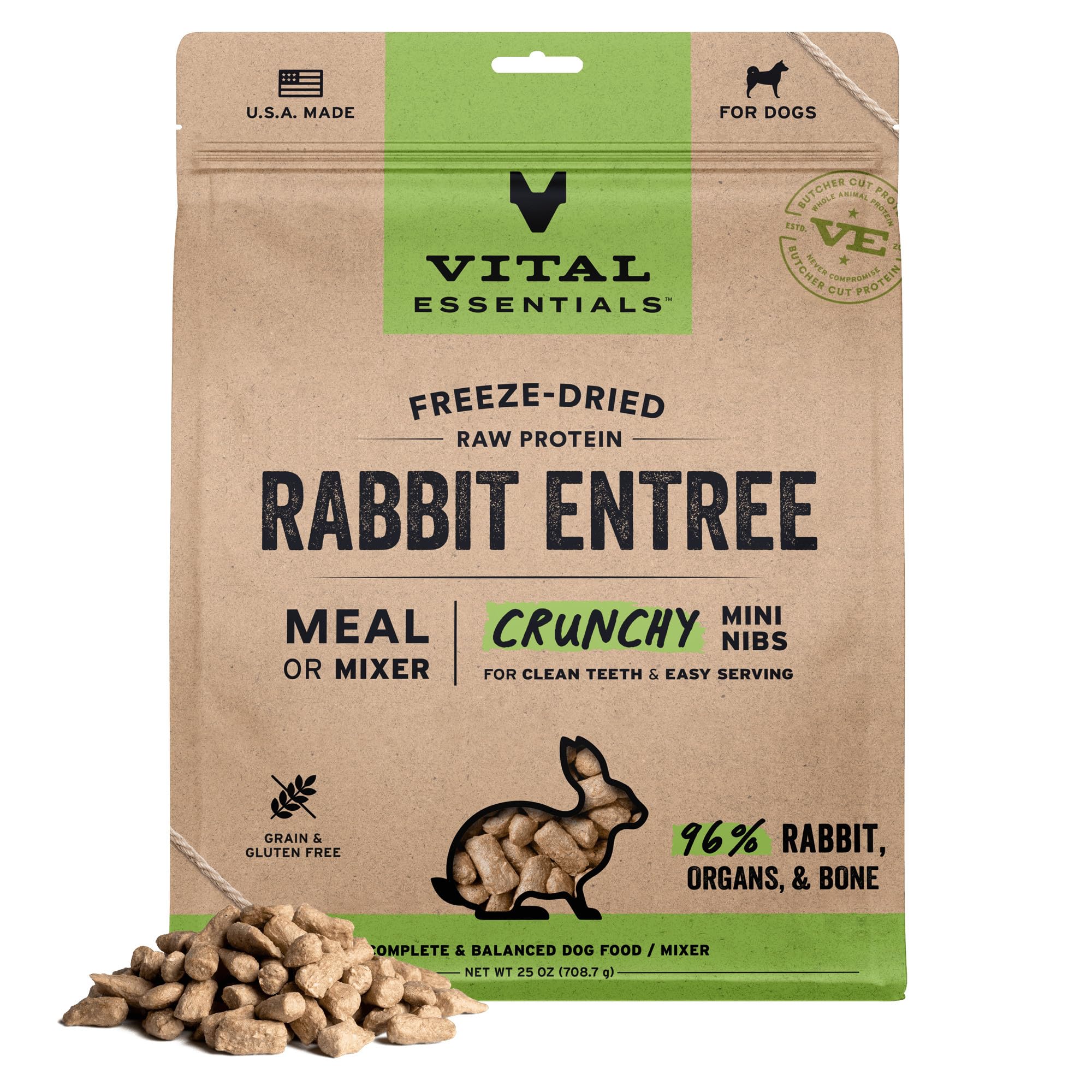 Vital Essentials Freeze Dried Dog Food, Raw Rabbit Crunchy Mini Nibs | Complete Meal or Topper | 96% Rabbit, Organs & Bone | Limited Ingredient, High Protein, Grain Free Dry Dog Food | 25 oz Bag