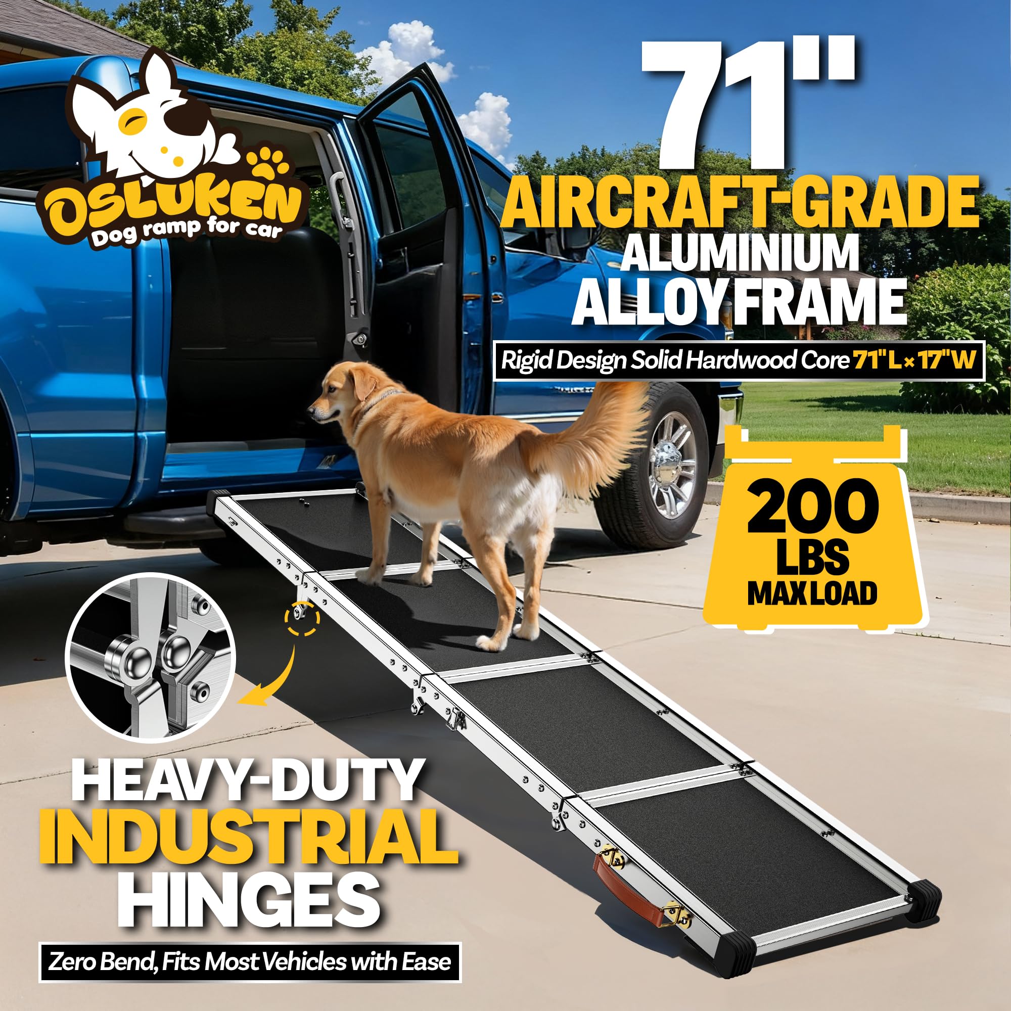 71" Aluminum Alloy Dog Ramp for Car SUV Truck Side Door, Foldable Outdoor Pet Ramp with Heavy Duty Steel Hinges, Non-Slip Traction Surface, Sturdy Ramp for Large Dogs Up to 200 LBS