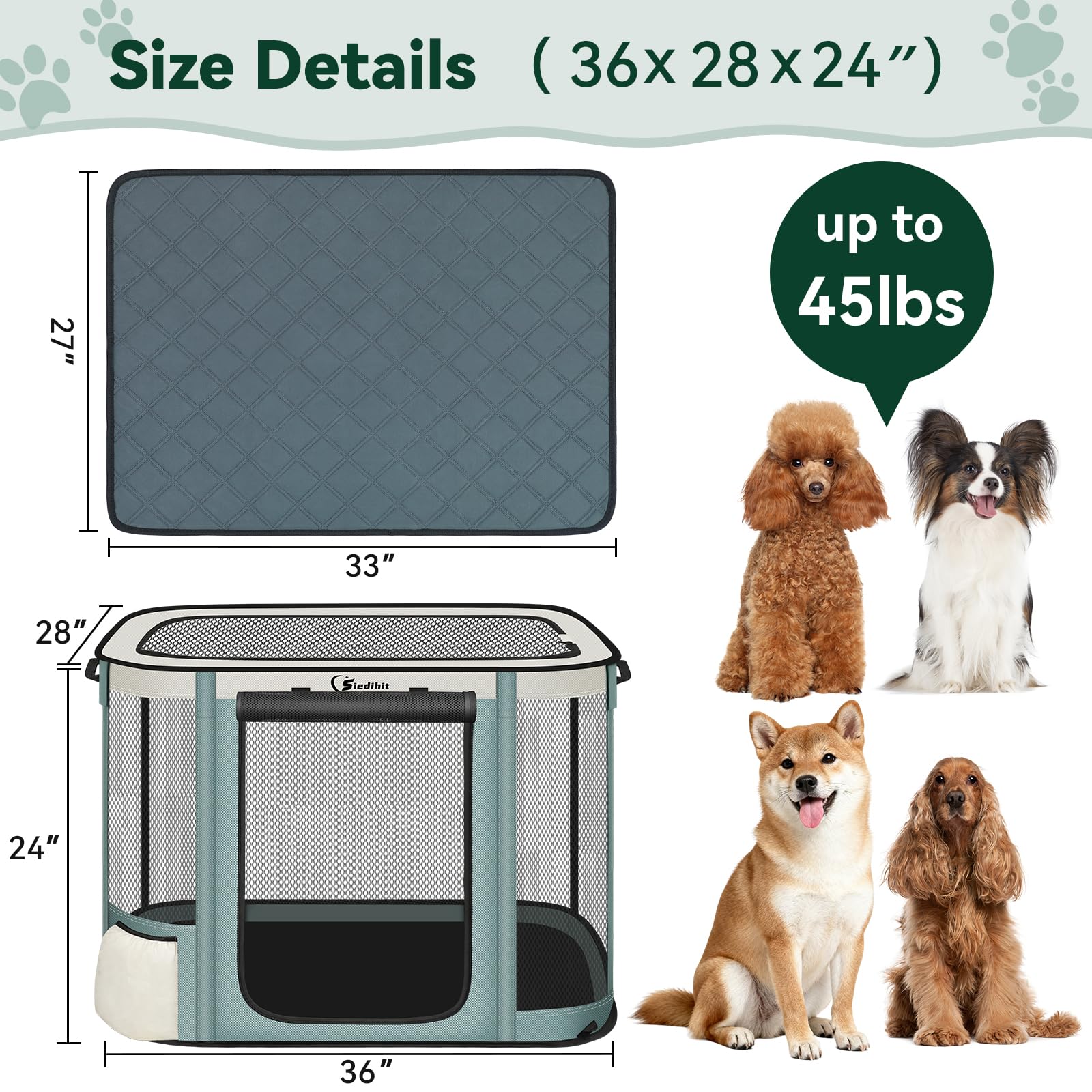 Siedihit Dog Cat Playpen Crate with Washable Pee Pad, Reinforced Durable Dog Cage, Portable Foldable Pet Kennel with Breathable Visibility (Grey with Pad, Large)