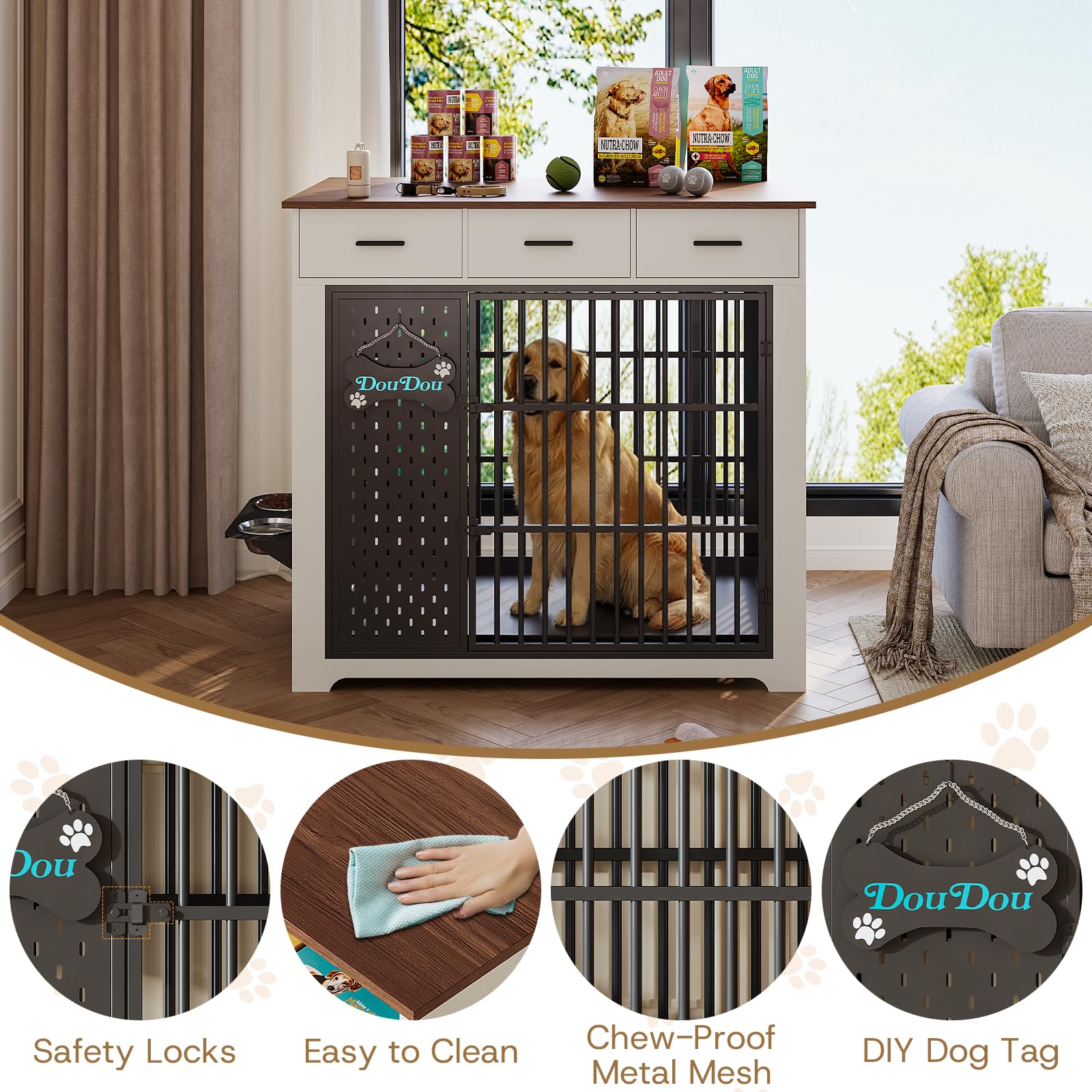 HOTAMO 45" Dog Crate Furniture for Large Dogs, Heavy Duty Wooden Indoor Dog Kennel with 360° Rotating Bowls, 3 Drawers, Name Plate, Pull-Out Tray, Farmhouse End Table, White & Walnut