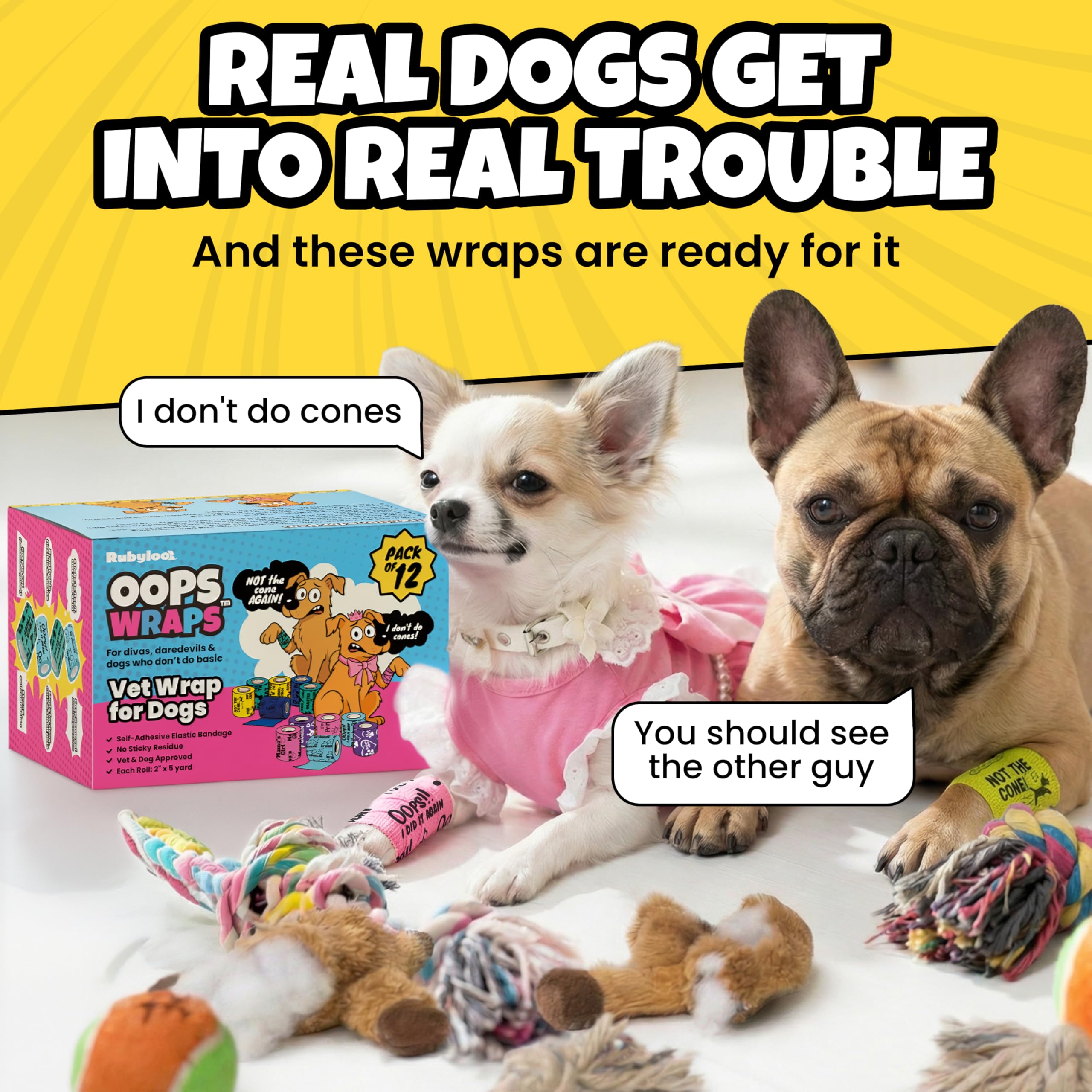 rubyloo Vet Wrap for Dogs – Funny Dog Bandage for Wounds - 12 Pack of 2" Self-Adhesive Vet Tape - Breathable Pet Wrap Bandage for Hot Spots & Injuries, Dog First Aid Kit Supplies - Oops Wraps