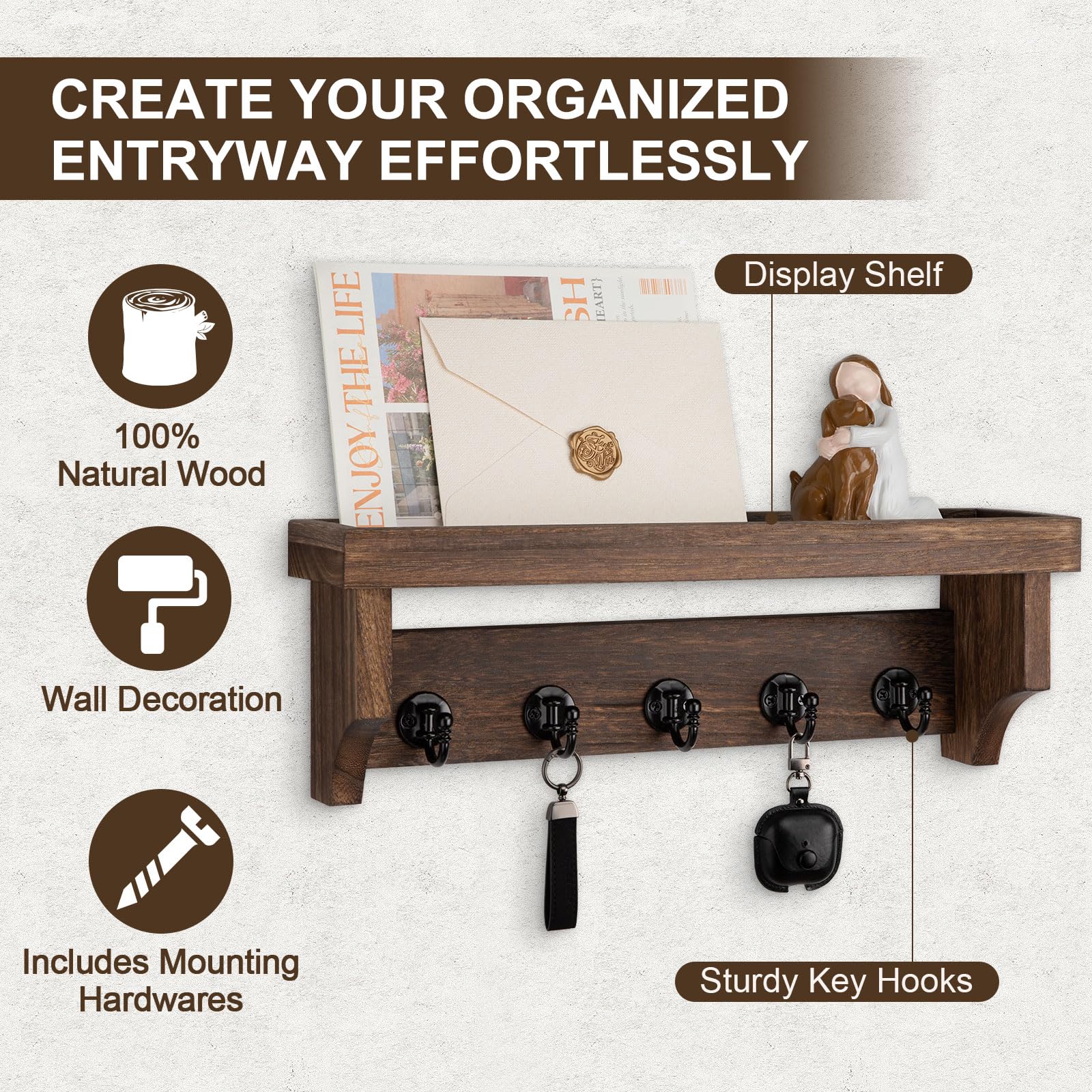 Lucundm Key and Mail Holder Wall Mount, Key Holder with Shelf and Mail Organizer Wall Mount. Mail Holder with 5 Hooks for Coat, Dog Leash, Home Decor Rack, Entry Way Organizer (Brown)