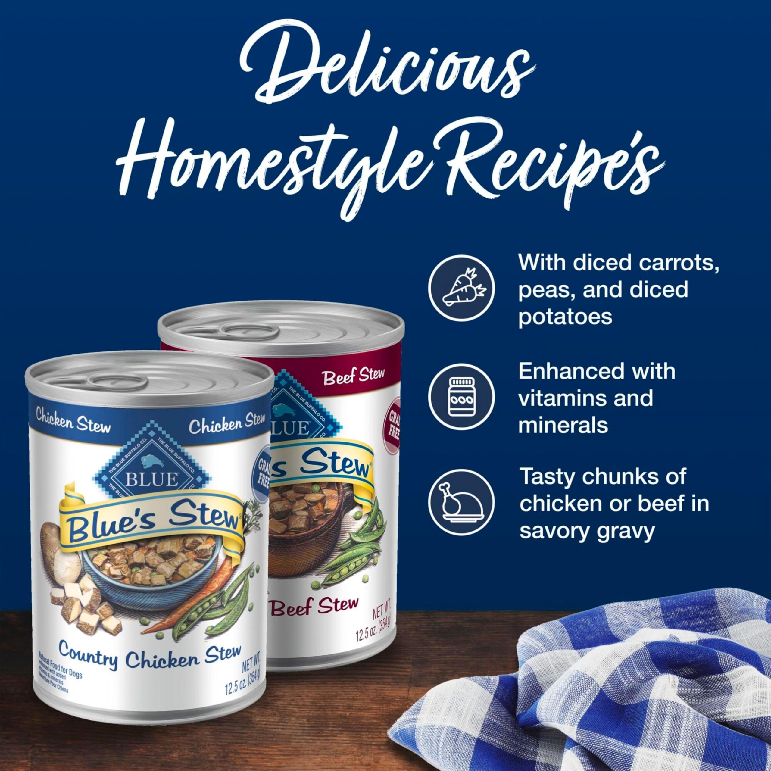Blue Buffalo Blue's Stew Natural Wet Dog Food, Made with Natural Ingredients, Hearty Beef and Country Chicken Variety Pack, 12.5-oz Cans, 6 Count