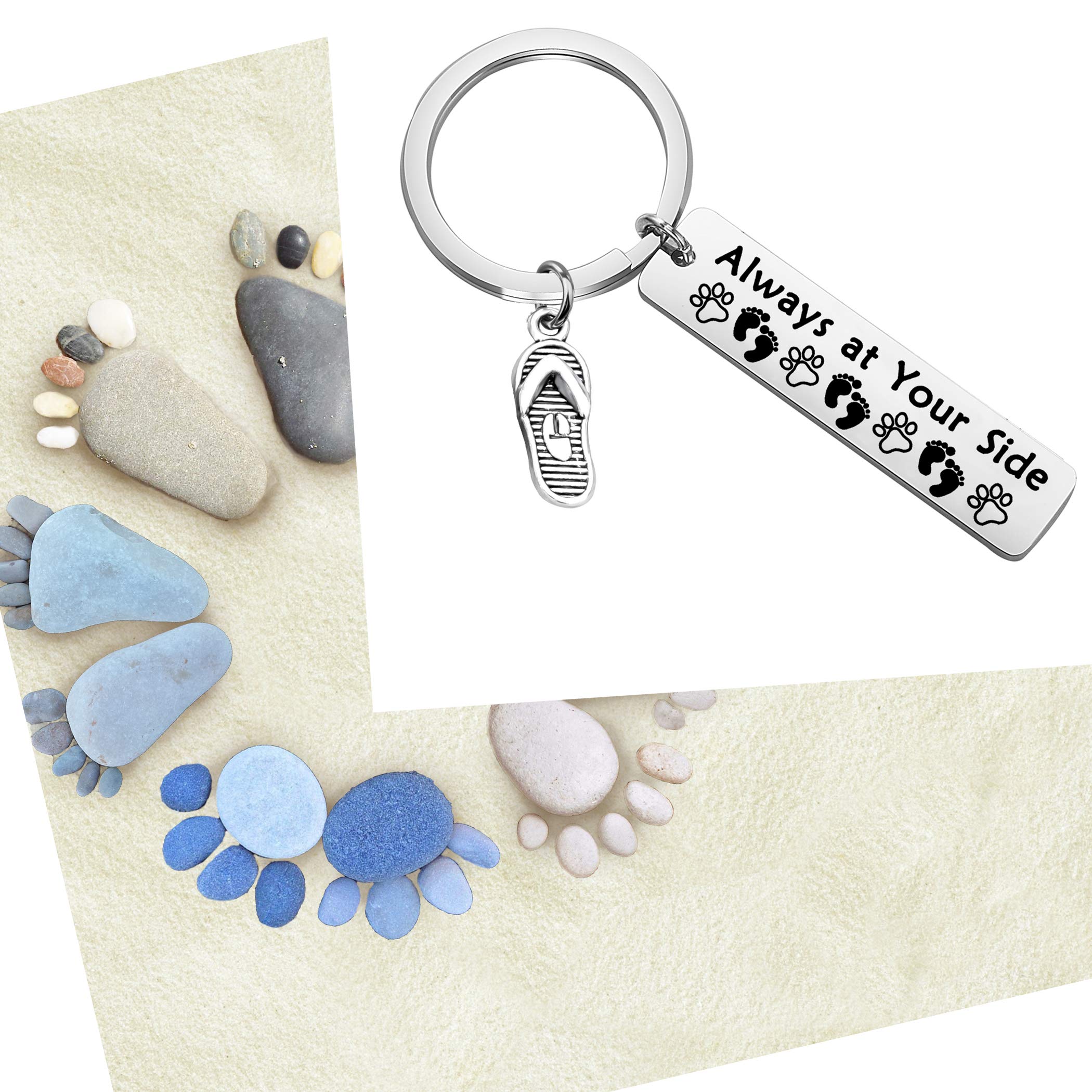 BEKECH Beach Lover Gift Dog Lover Gift Always at Your Side Paw Print Flip Flop Shoes Charm Keychain Sandy Feet Beach Jewelry Vacation Gift for Dog Lover(silver)