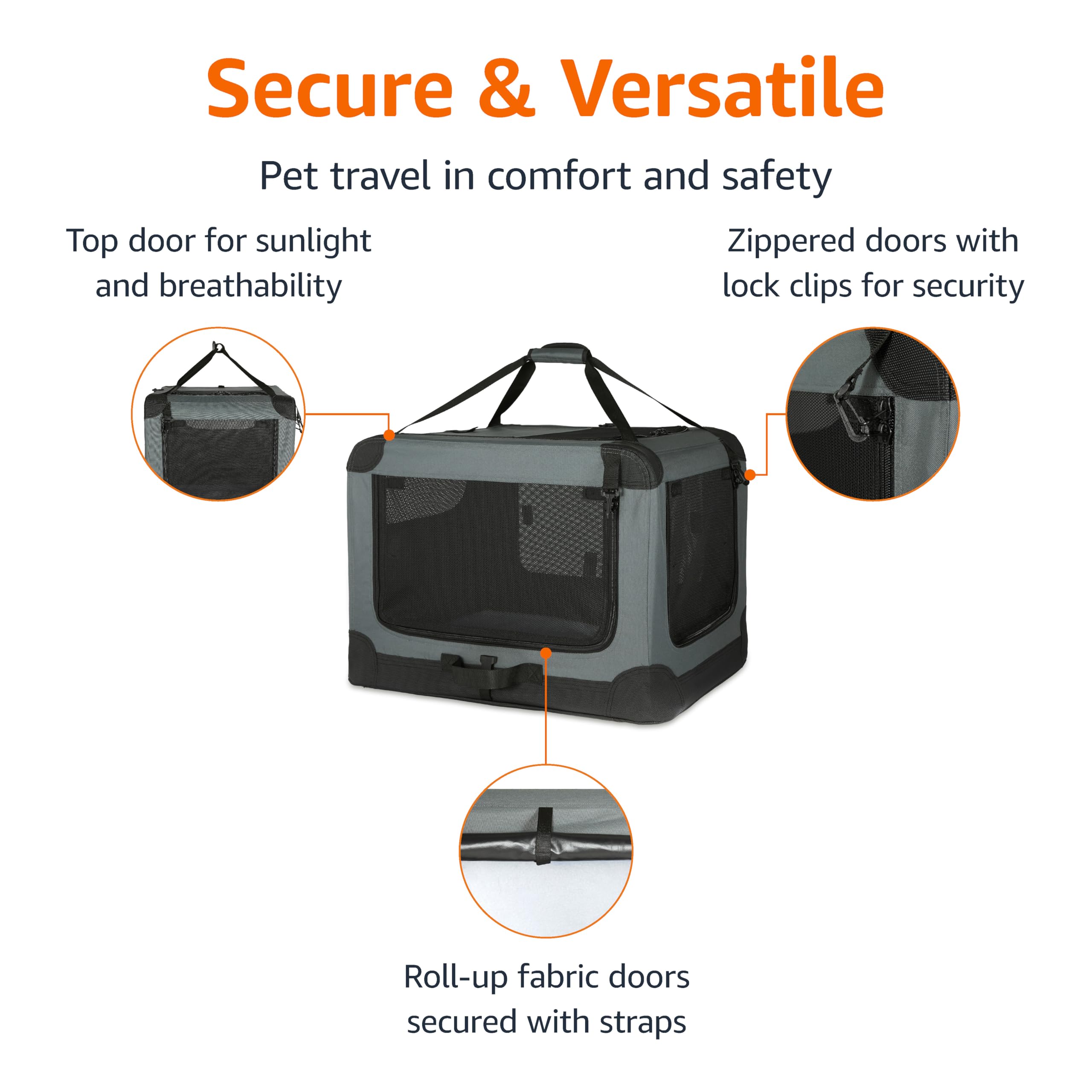 Amazon Basics Portable Folding Soft Dog Crate, 4-Doors, Collapsible Travel Kennel for Cat, Dog, and Small Animals, Quick Setup, Small 26" x 18" x 18", Grey