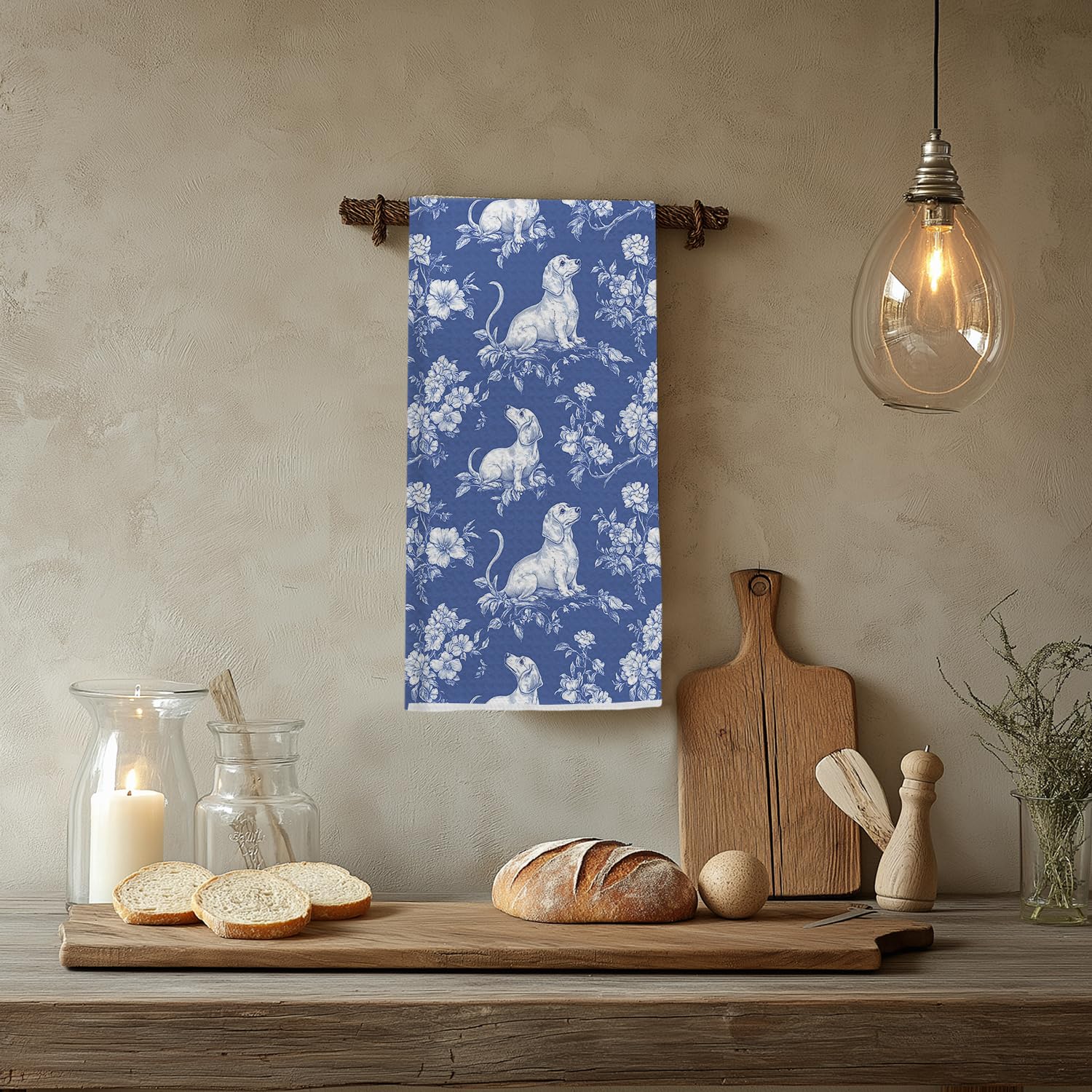 EKGJW Chinoiserie Dachshund Kitchen Towels, Dachshund Weiner Dog Lover Gifts Dish Tea Towels for Kitchen Decor, Grandmillennial Weiner Dog Decorative Hand Towels for Bathroom, 16x24 Inch