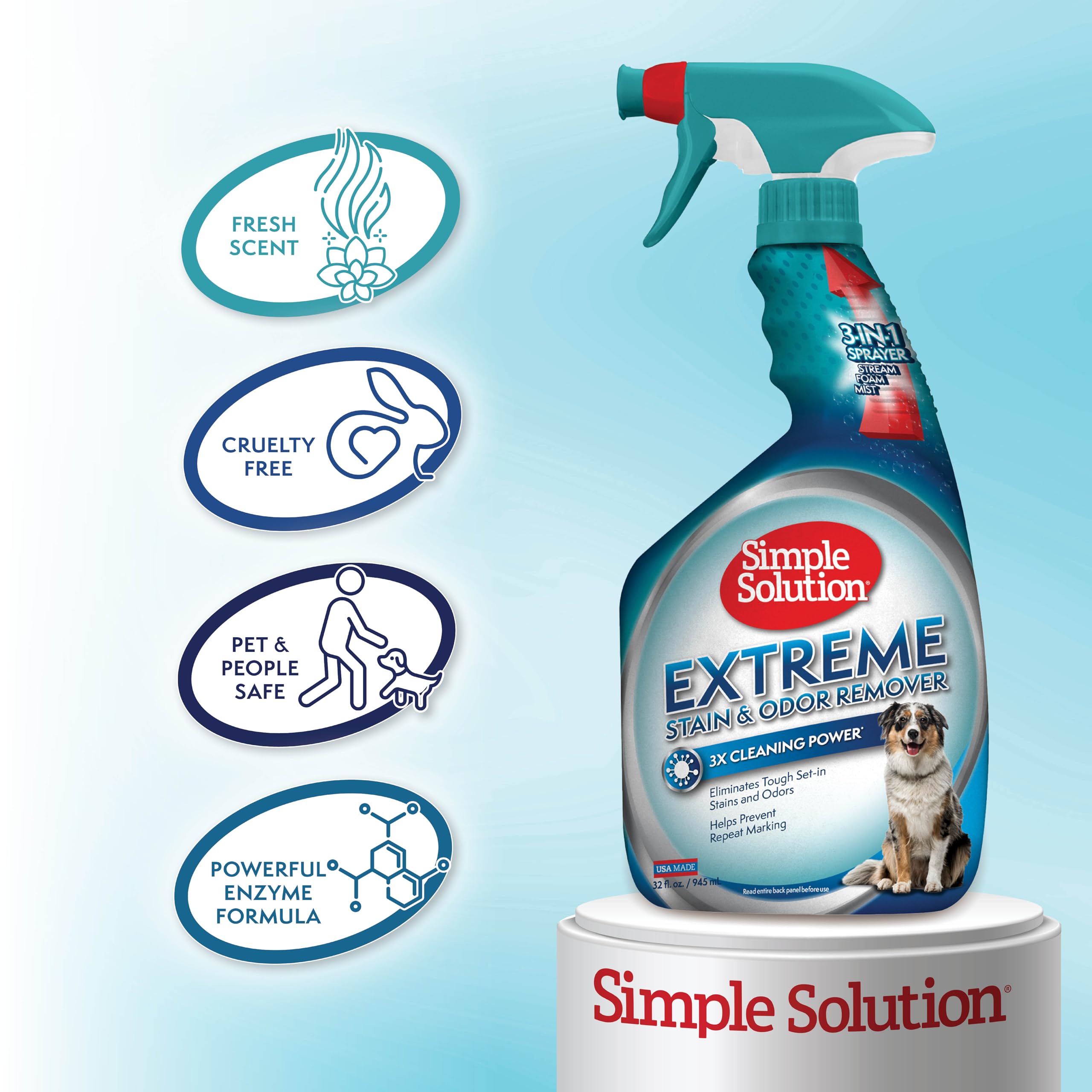 Simple Solution Extreme Pet Stain and Odor Eliminator Spray, Enzymatic Cleaner With 3X Pro-Bacteria Cleaning Power for Dogs & Cats, Strong Urine, Pee and Poop Smell Remover for Carpets & Floors, 32 oz