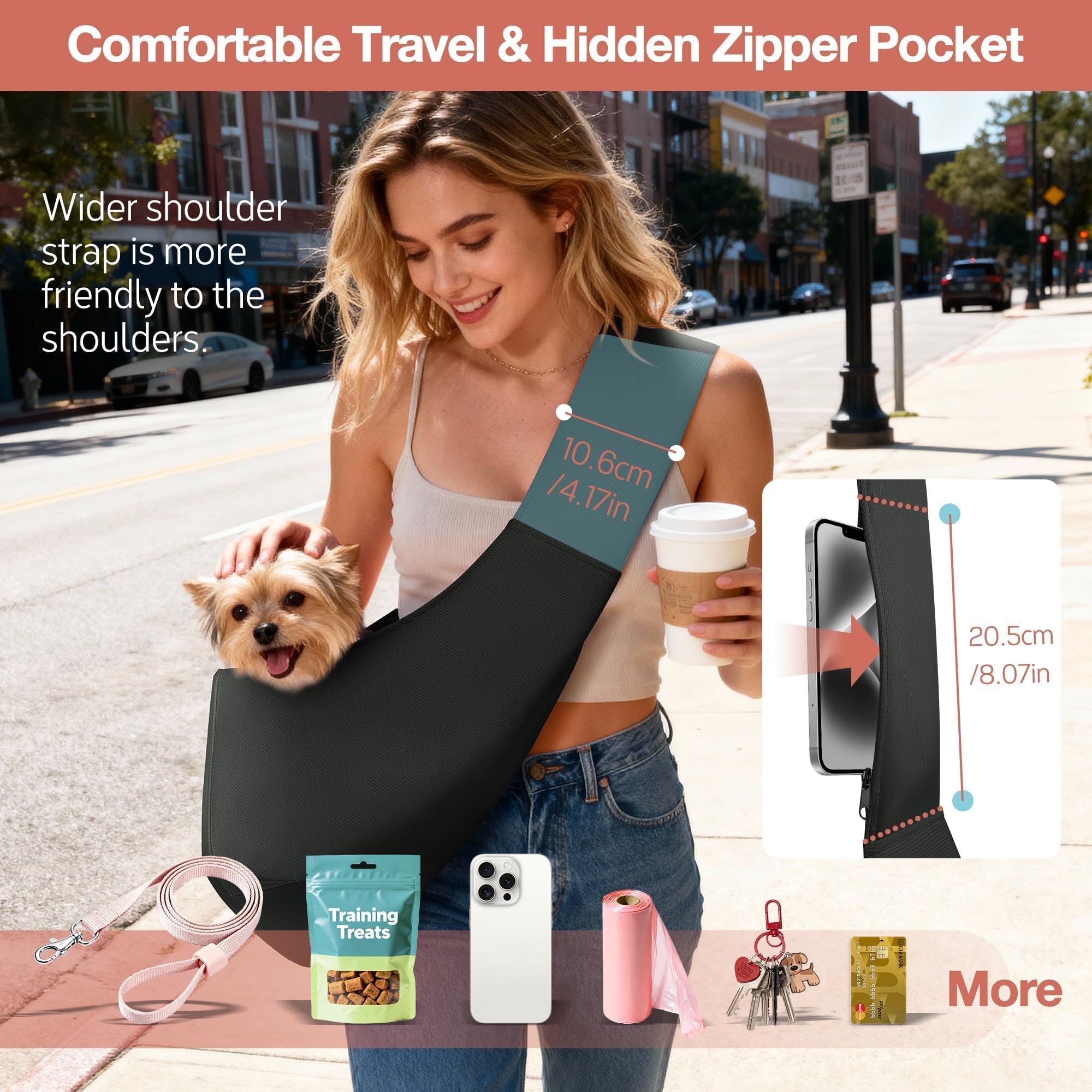 YUDODO Fashion Dog Sling Carrier for Small Dogs Lightweight Crossbody Pet Bag with Safety Strap, Pocket Storage, Machine Washable, Comfortable Travel & Outdoor Sling up to 9 lbs Black