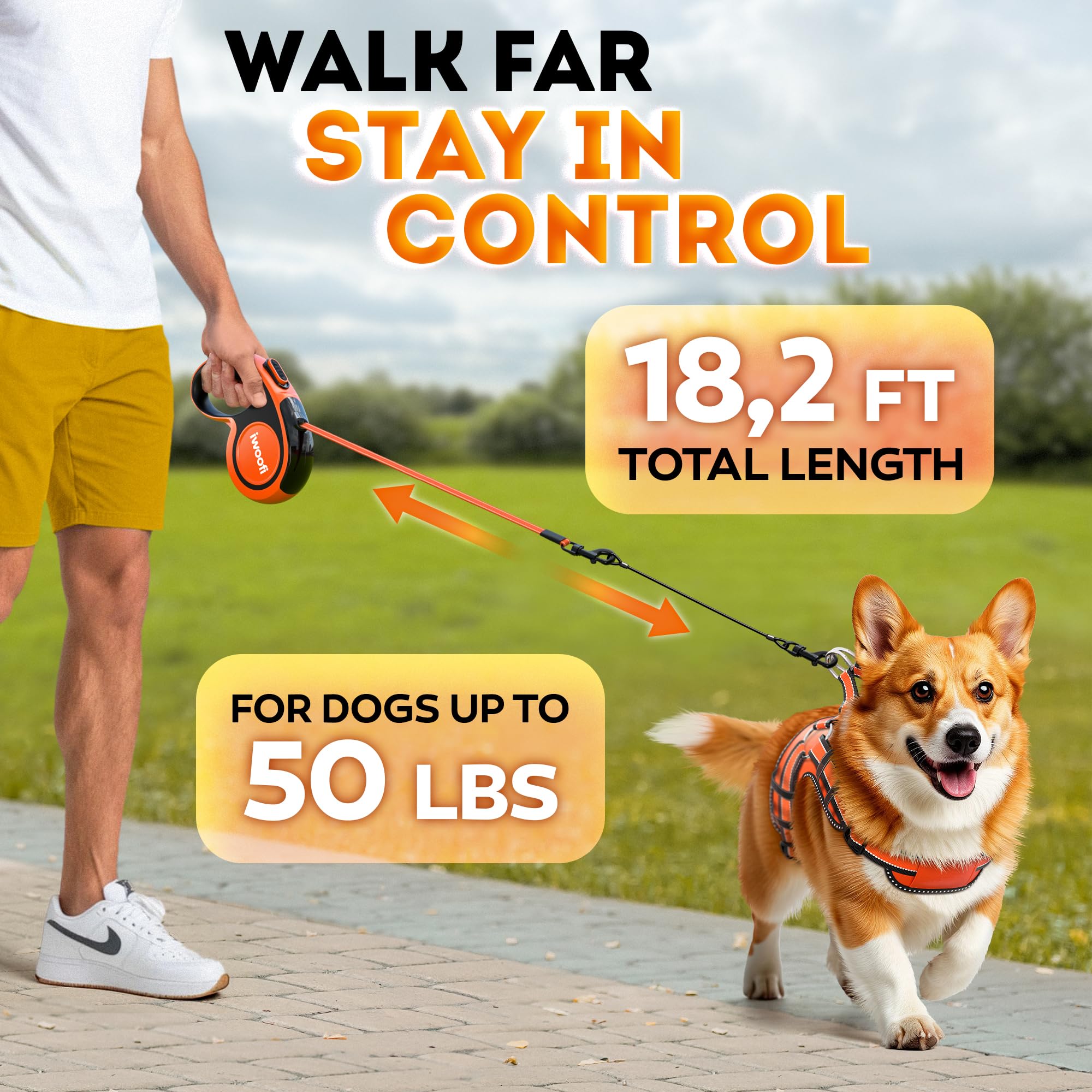 Retractable Dog Leash 18.2 ft – Chew Proof Cable Included – 360° Tangle-Free Design – Heavy Duty Reflective Leash – Soft Anti-Slip Grip Outdoor Daily for Small Medium Dogs up to 50 lbs (Orange)