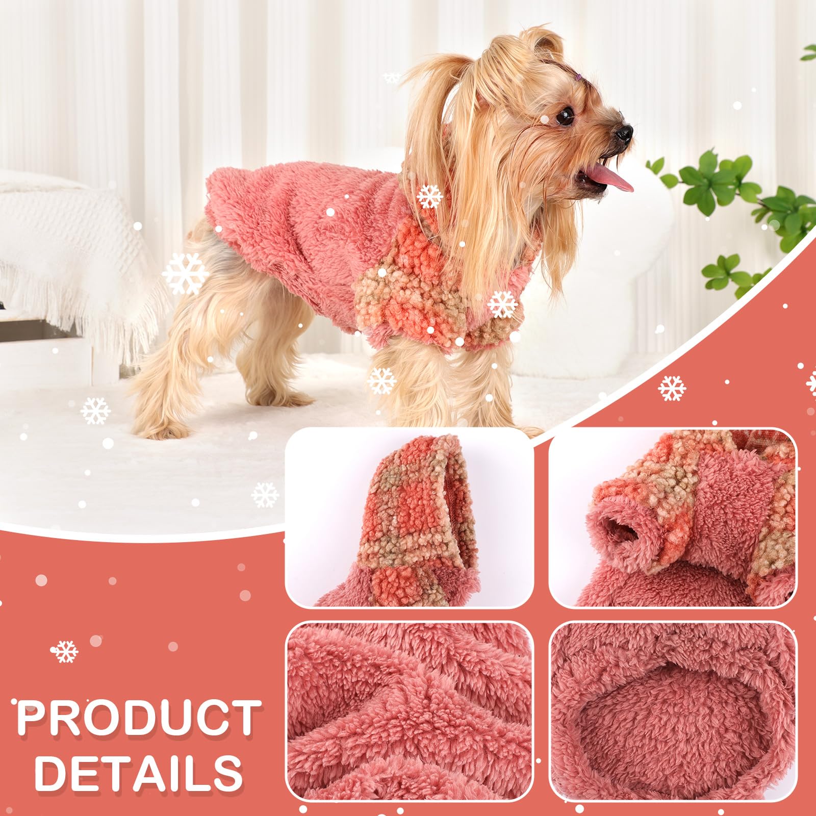 Fleece Dog Sweater Hoodie Warm Fuzzy Velvet Sweaters Winter Clothes for Small Dogs Girl Boy (Orange Plaid, Small)