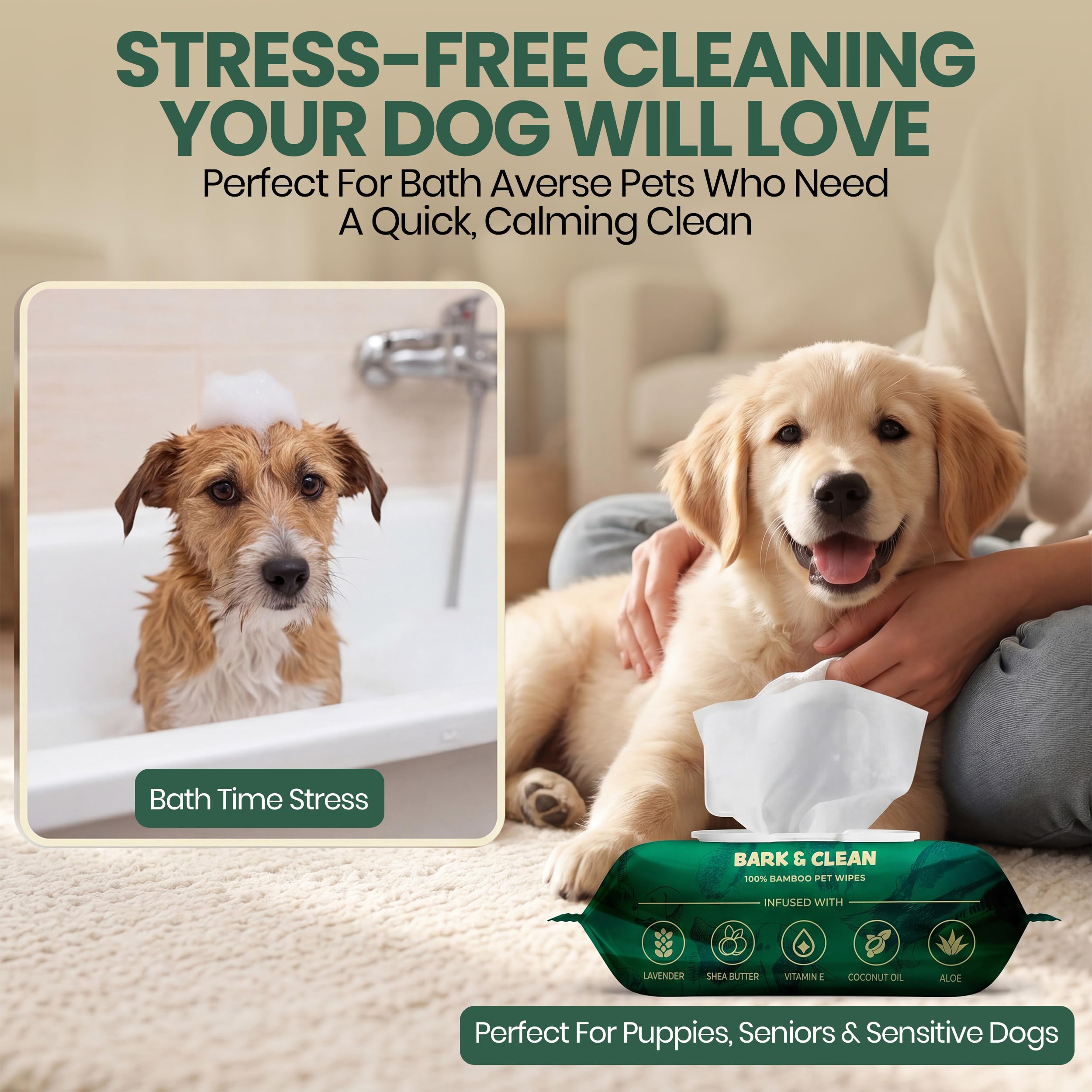 Bark & Clean 440 Dog Wipes for Cleaning and Deodorizing - 4 Pack of 110 8.5" x 9" Bamboo Pet Wipes - Compostable, Hypoallergenic Puppy Wipes - Dog Wipes for Paws, Butt, and Body