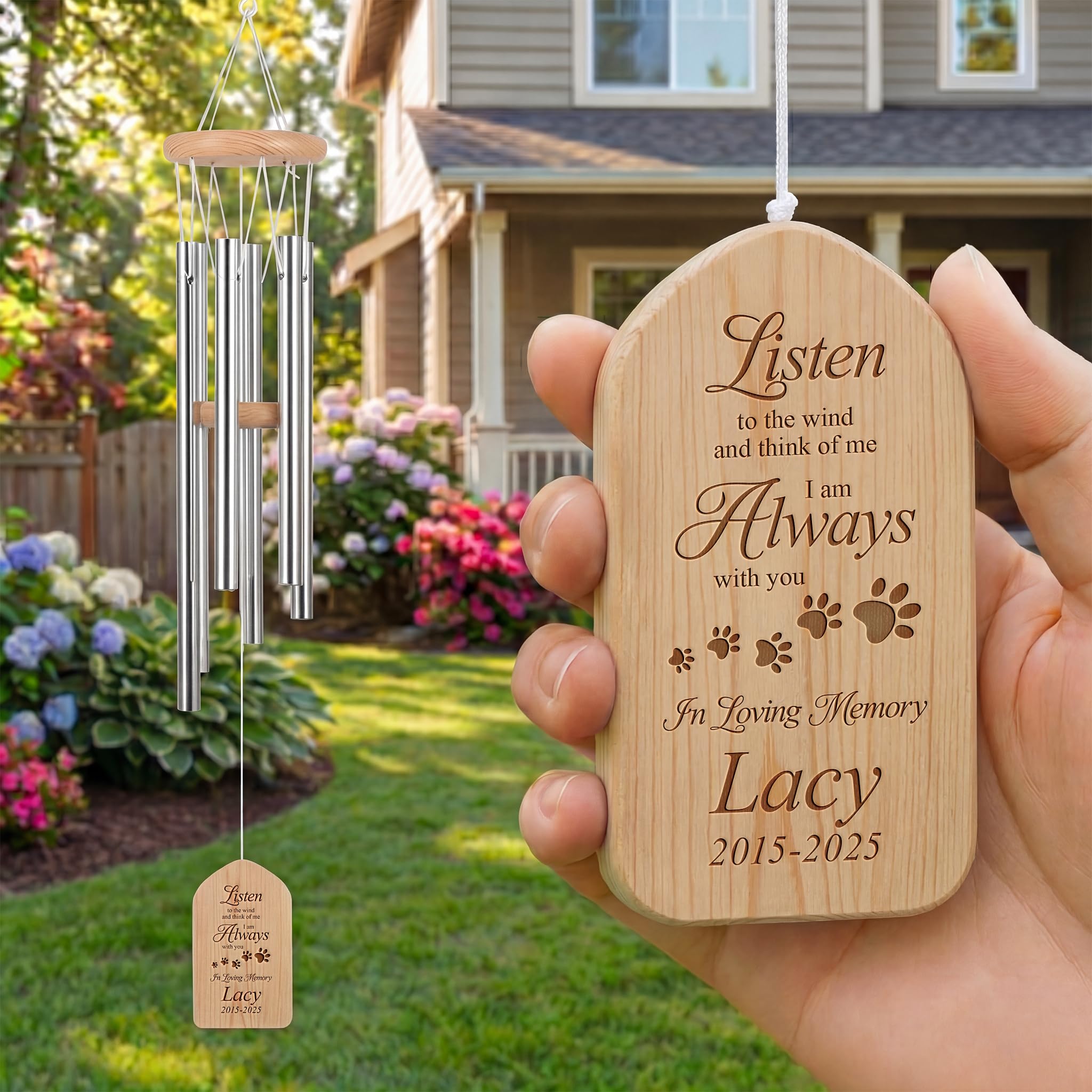 Pet Memorial Wind Chimes - Dog Bereavement Gifts for Loss of Pet - 26” Personalized Memorial Windchime - Sympathy Present for Pet Loss - Dog Remembrance Gift - Light Wood Custom Wind Catcher