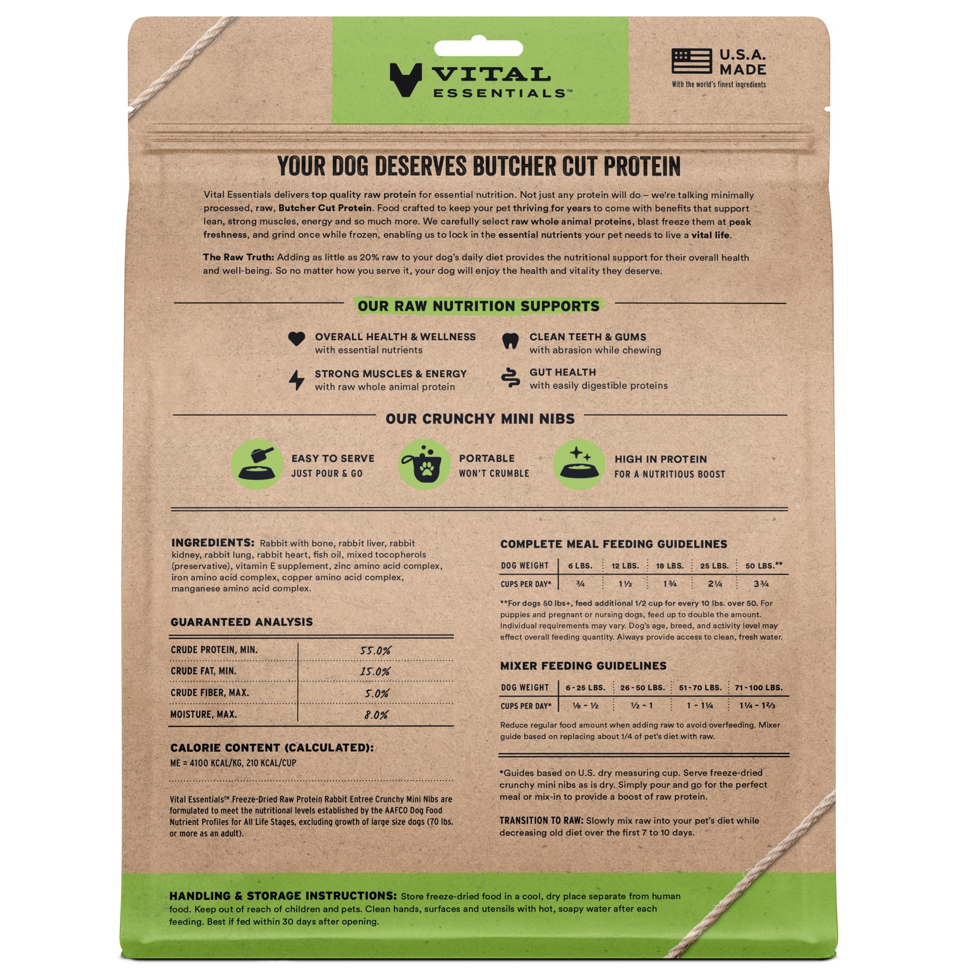 Vital Essentials Freeze Dried Dog Food, Raw Rabbit Crunchy Mini Nibs | Complete Meal or Topper | 96% Rabbit, Organs & Bone | Limited Ingredient, High Protein, Grain Free Dry Dog Food | 25 oz Bag
