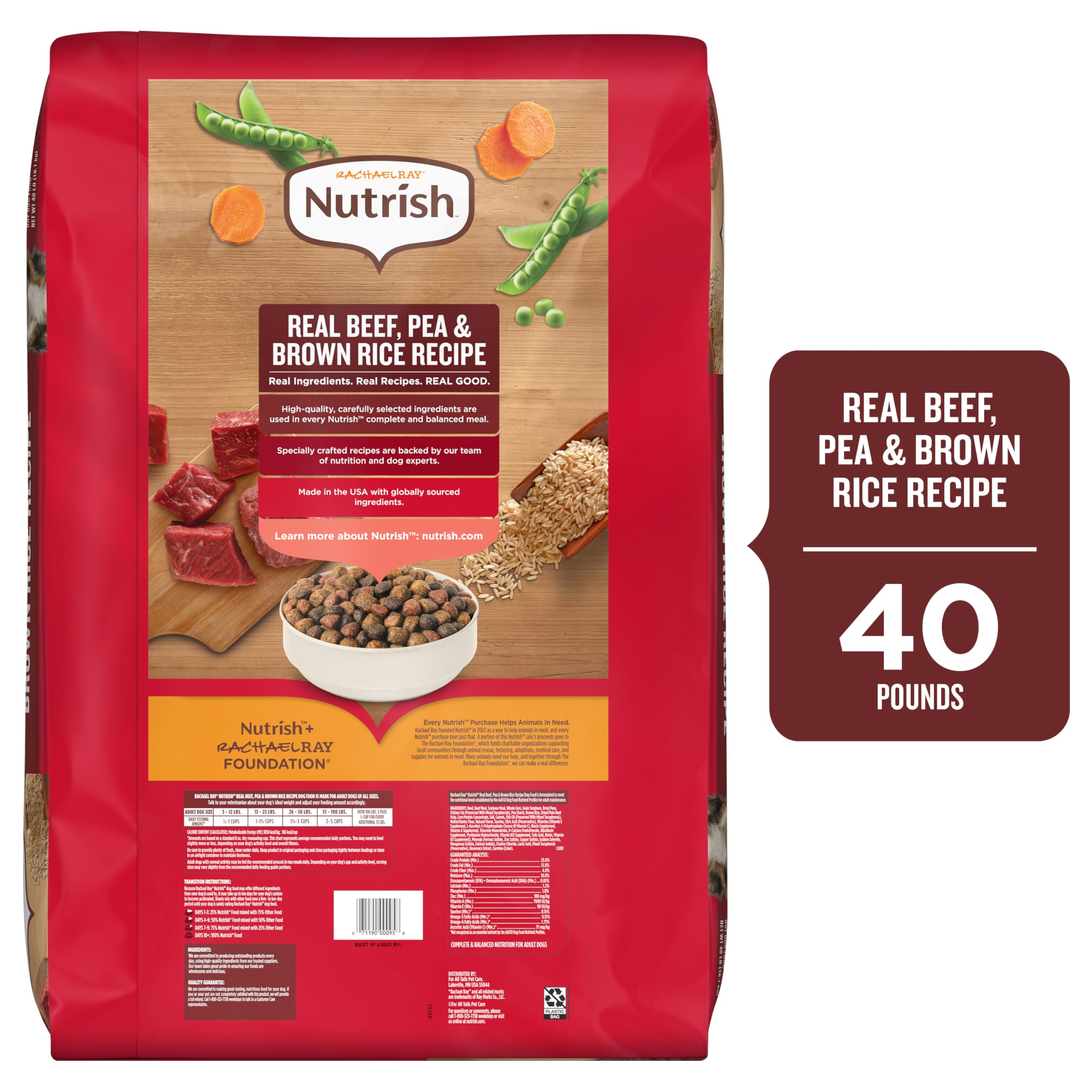 Nutrish Rachael Ray Adult Dry Dog Food Real Beef, Pea & Brown Rice Recipe, 40 lb. Bag (Packaging May Vary)