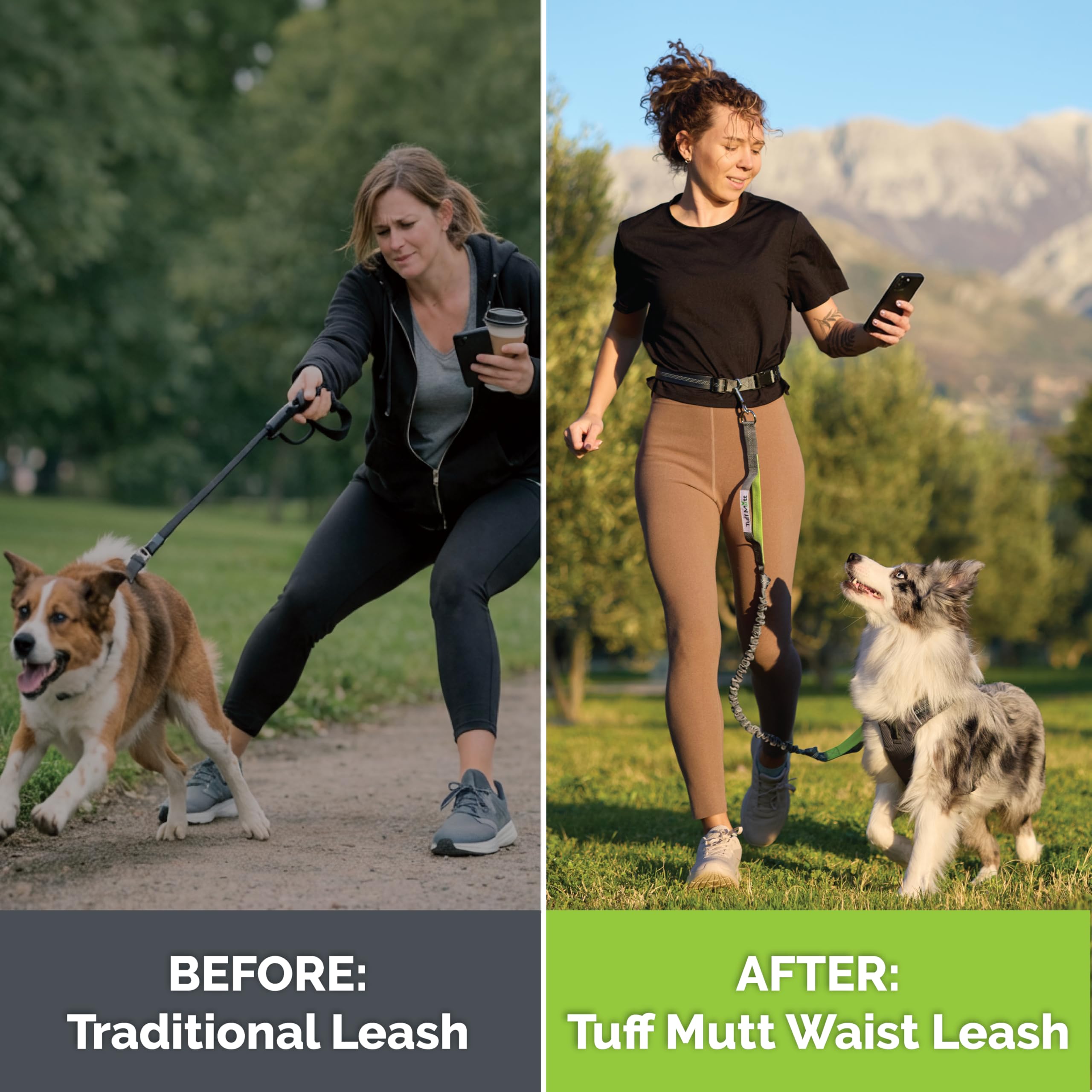 Tuff Mutt Hands Free Dog Leash for Walking Running Hiking, Waist Leash with Bungee, Adjustable Belt, Reflective Double Handle Design for Large Medium Dogs