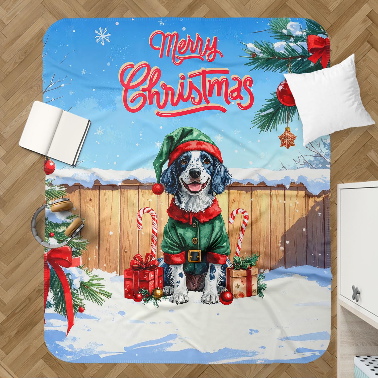 Merry Christmas Woofmas Xmas Noel English Setter Elf Candy Cane Snow Cozy Fleece Sherpa Blanket Dog Lover Warm Soft Throw Blanket 13017