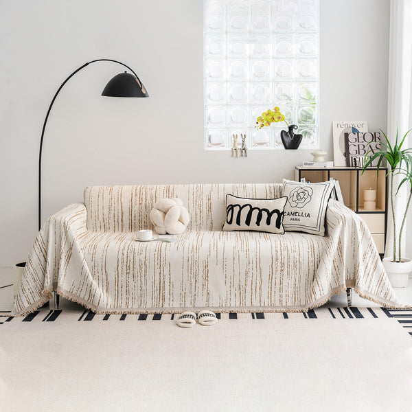 DREAMINGO Sofa Slipcover Washable Couch Cover for Dogs Striped Jacquard Chenille Modern Pet Dog Furniture Protector Covers for 3 Seater Sofa Sectional L Shape Couch, Beige Coffee, 71"x150"