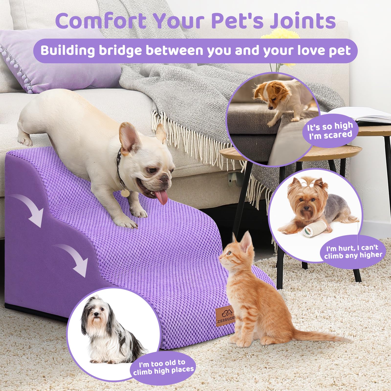 Zerbuger Dog Ramp and Stair for Bed 16" H-20 H,3-Step Cat Stair for Sofa and Chair,4-Step Dog Ramp for High Bed and Window,Durable Nonslip Fabric Stair for Indoor (Purple-16 H, Pet Friendly, 3)