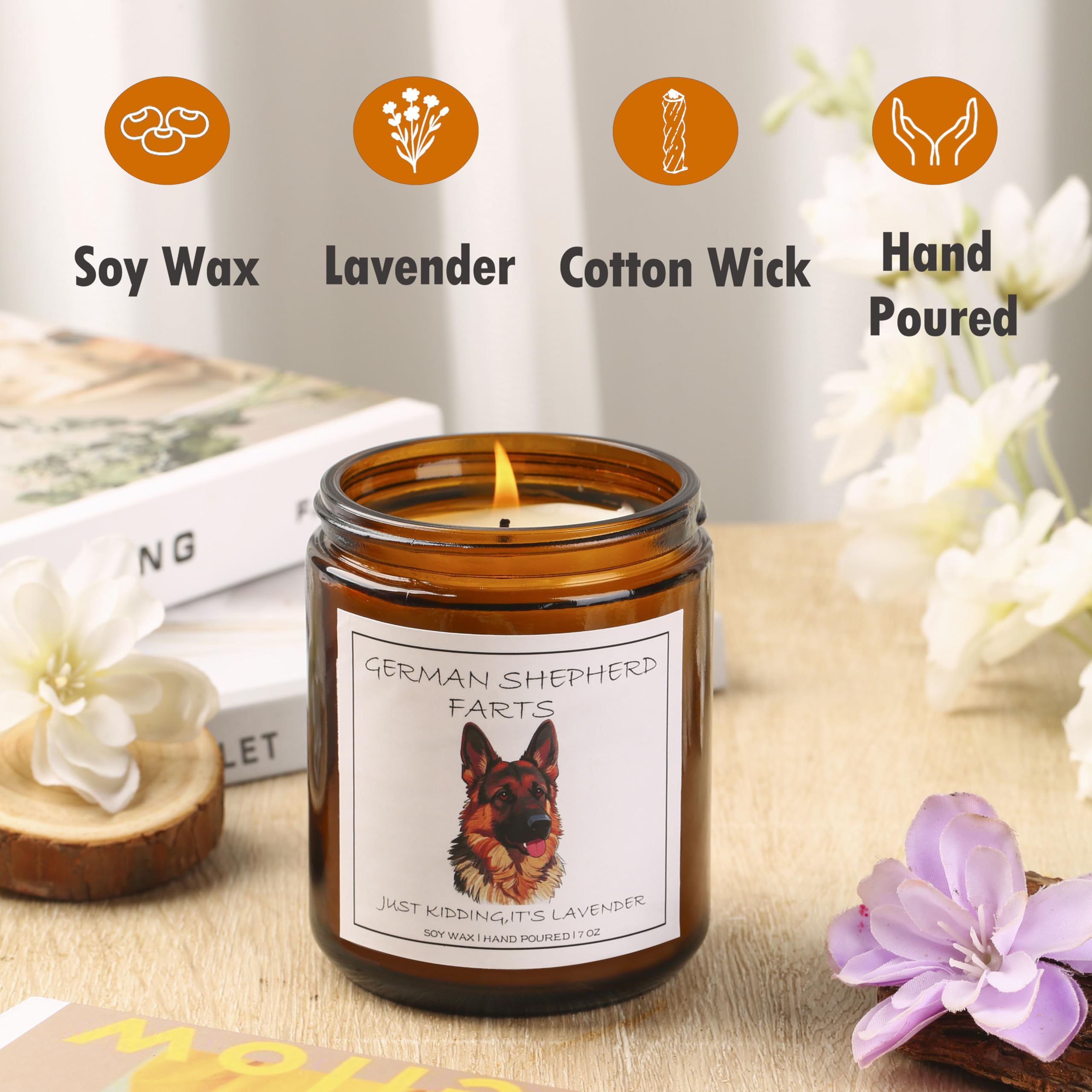 German Shepherd Gifts & Decor, German Shepherd Gifts for Women - German Shepherd Farts Candle, Dog Mom Gift, Natural Soy Wax Lavender Scented Candle 7oz