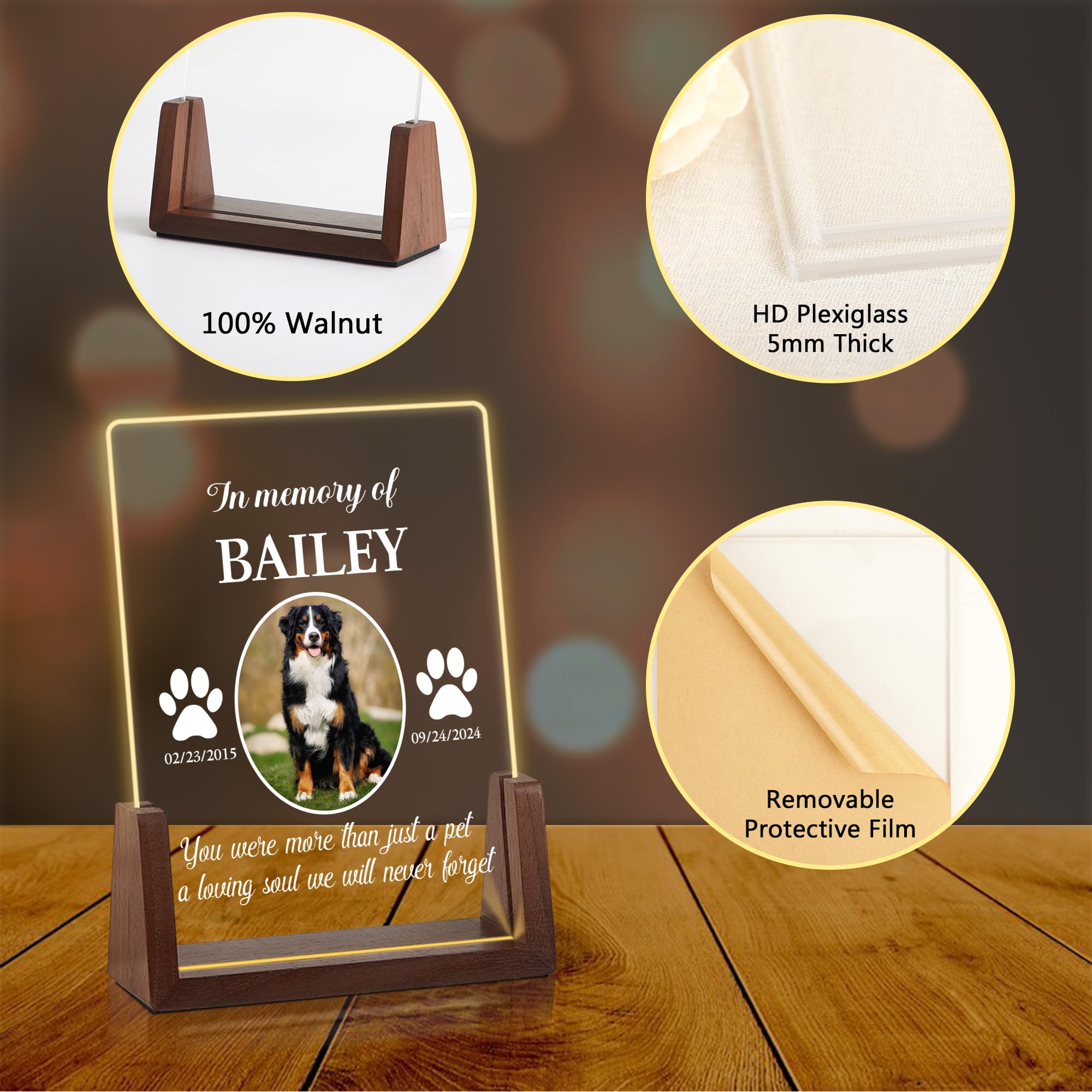 Dog Memorial Gifts for Loss of Dog, Pet Memorial Gifts for Dogs, Customized Pet Memorial Acrylic Plaque with LED Night Light, Pet Loss Sympathy Gift, Valentines Day Birthday Gifts for Pet Lovers