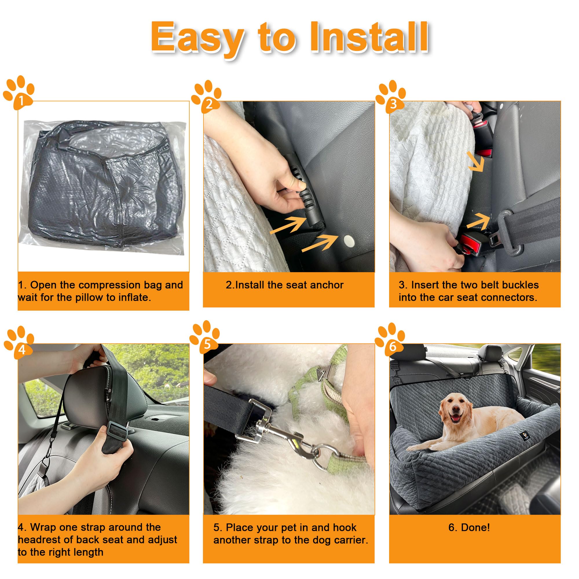 Large Dog Car Seat Under 100LBS,Dog Car Bed with Safety Tethers/Storage Pocket,Only for Back Seat-Gray