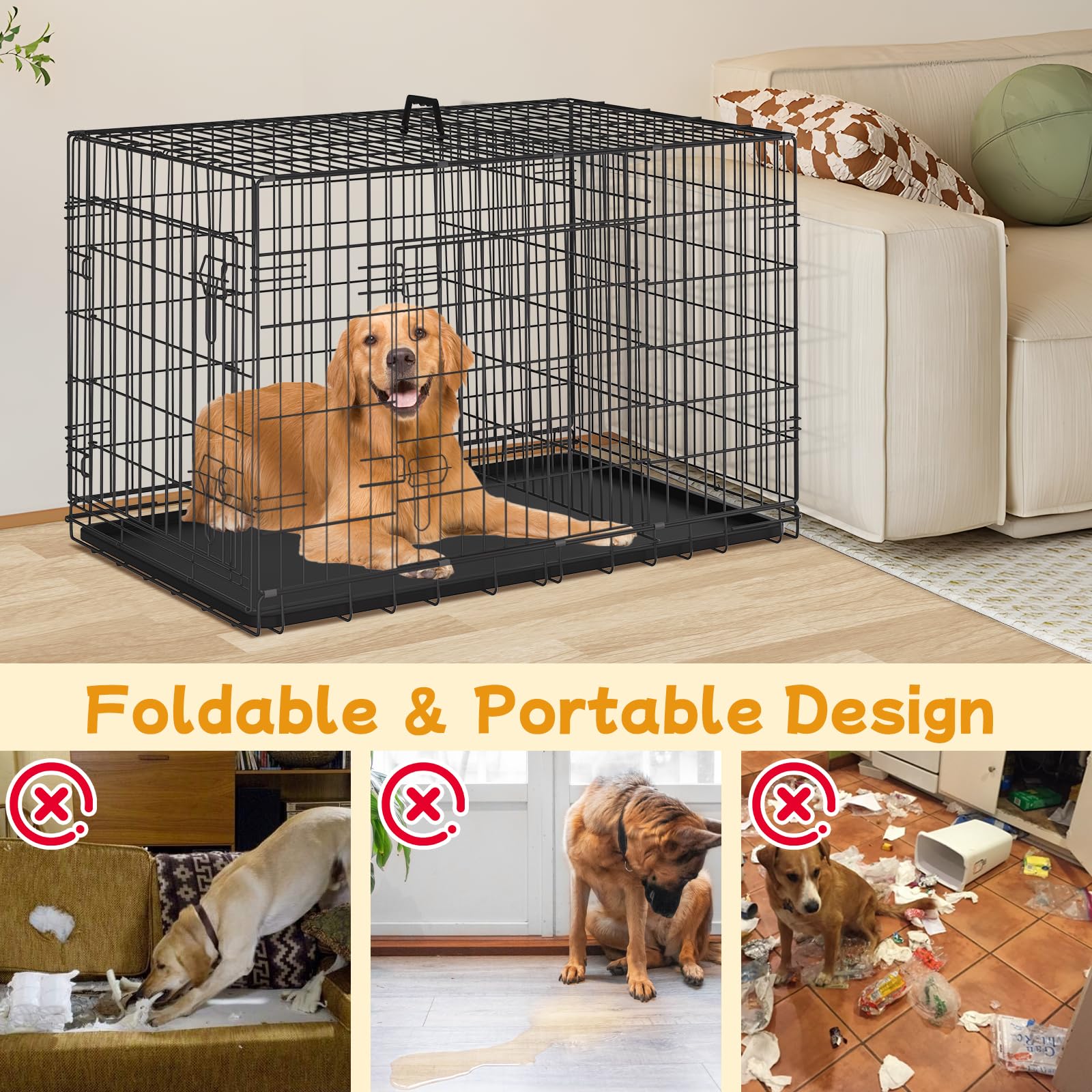 48 Inch Large Dog Crate, Wire Metal Dog Kennel with Double-Door, Divider & Leak-Proof Tray, Indoor Outdoor Foldable Travel Cage for Medium, Large Dogs