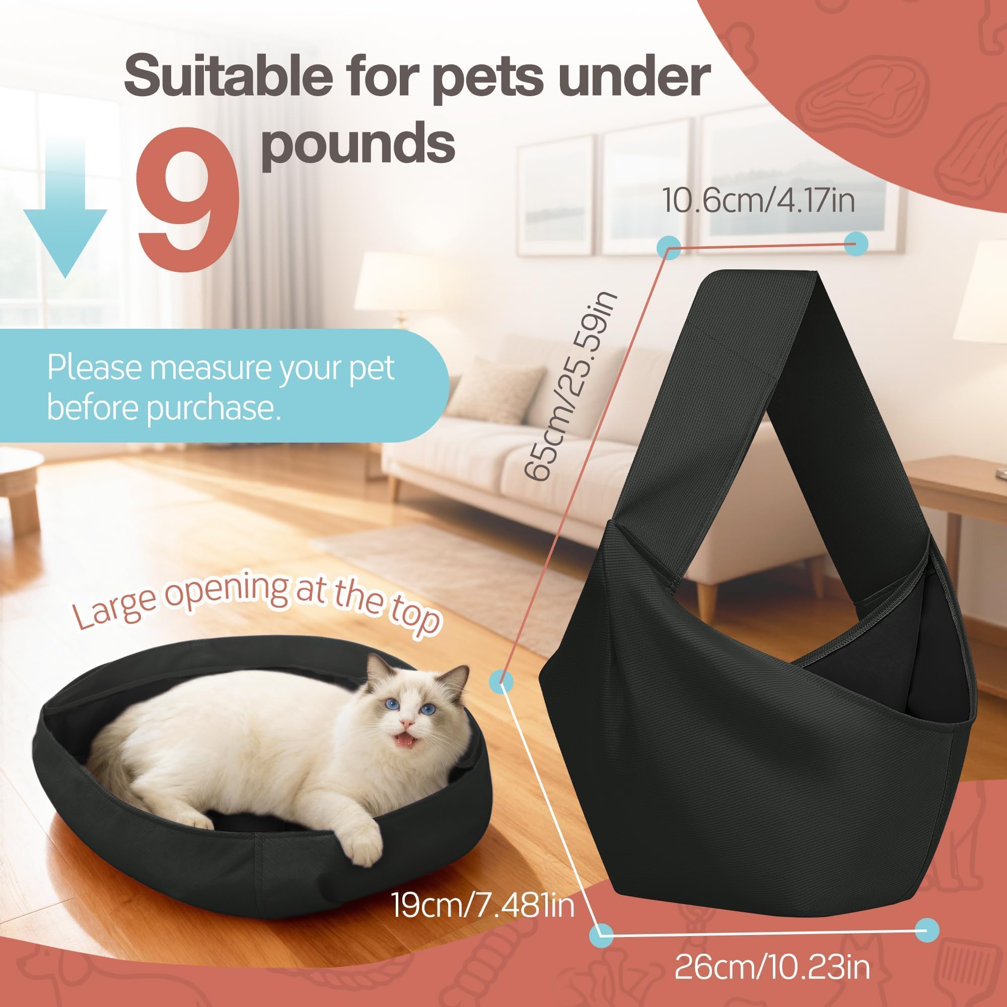 YUDODO Fashion Dog Sling Carrier for Small Dogs Lightweight Crossbody Pet Bag with Safety Strap, Pocket Storage, Machine Washable, Comfortable Travel & Outdoor Sling up to 9 lbs Black