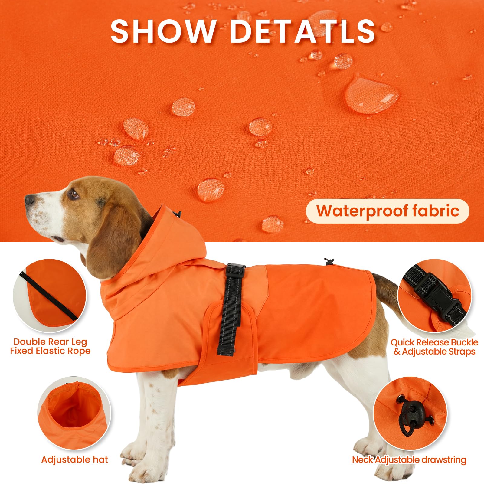 BRKURLEG Dog Raincoat for Small Medium and Large Dogs Waterproof Dog Rain Jacket Adjustable Hooded Dogs Raincoat Pet Rain Coat Poncho with Leash Hole, Reflective Strip, Orange, M