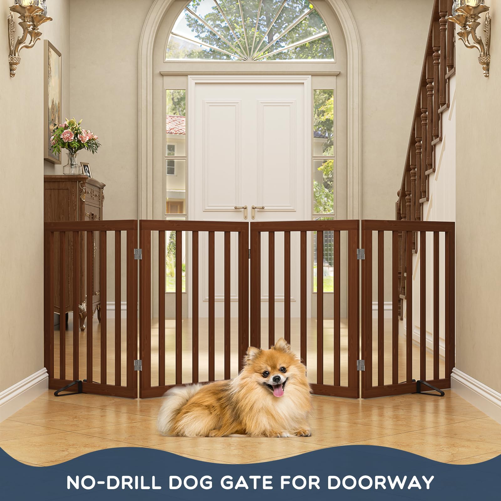 Homykic Bamboo Freestanding Dog Gate, No Assembly Pet Gate Indoor, 24”H x 75”W Extra Wide Foldable Puppy Barrier Fence with Support Feet for the House, Doorways Stairs, 4 Panels, No Drillings, Walnut