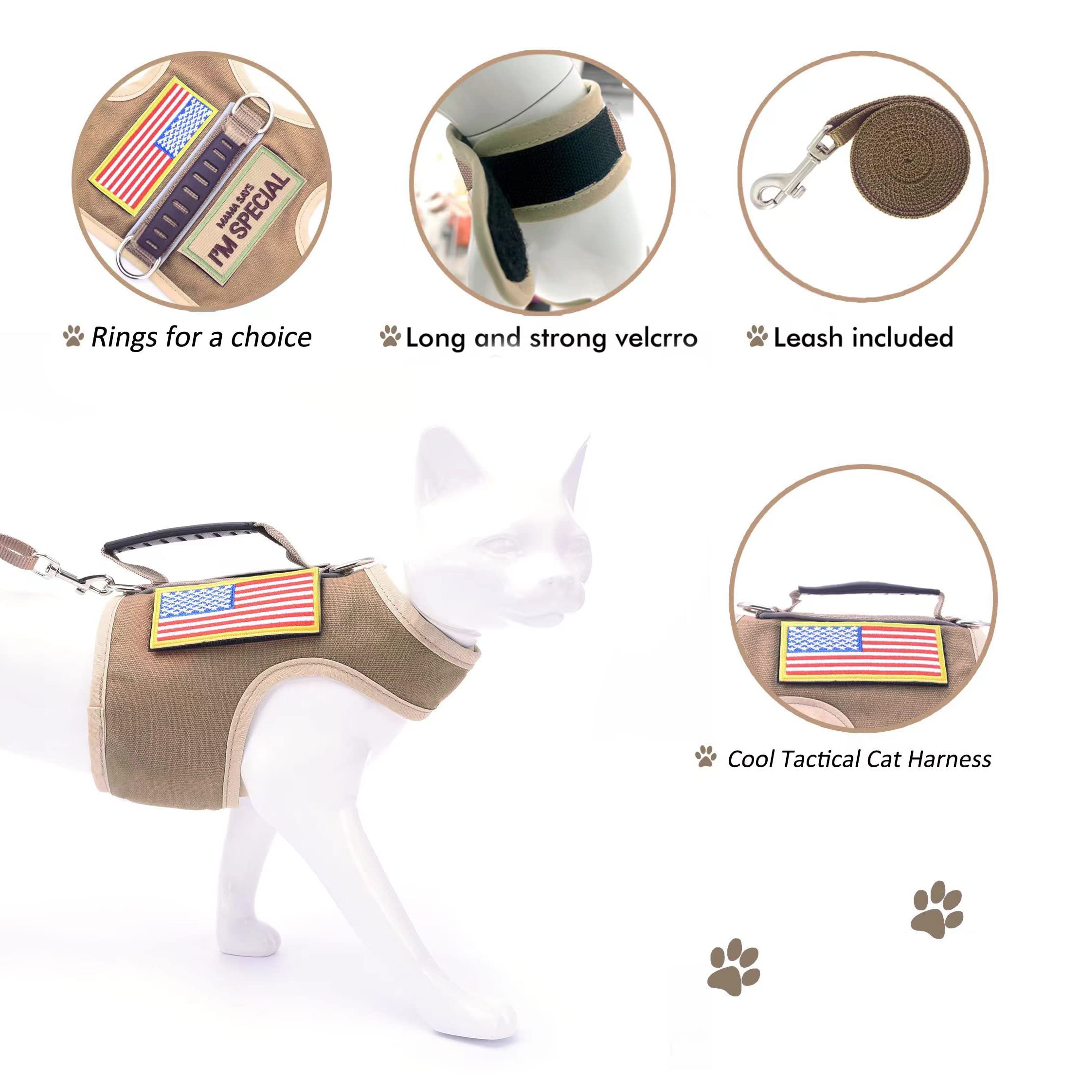 Tactical Cat Harness and Leash for Walking Escape Proof, Adjustable Cat Walking Jackets, Padded Stylish Cat Vest, Khaki, XX-Large