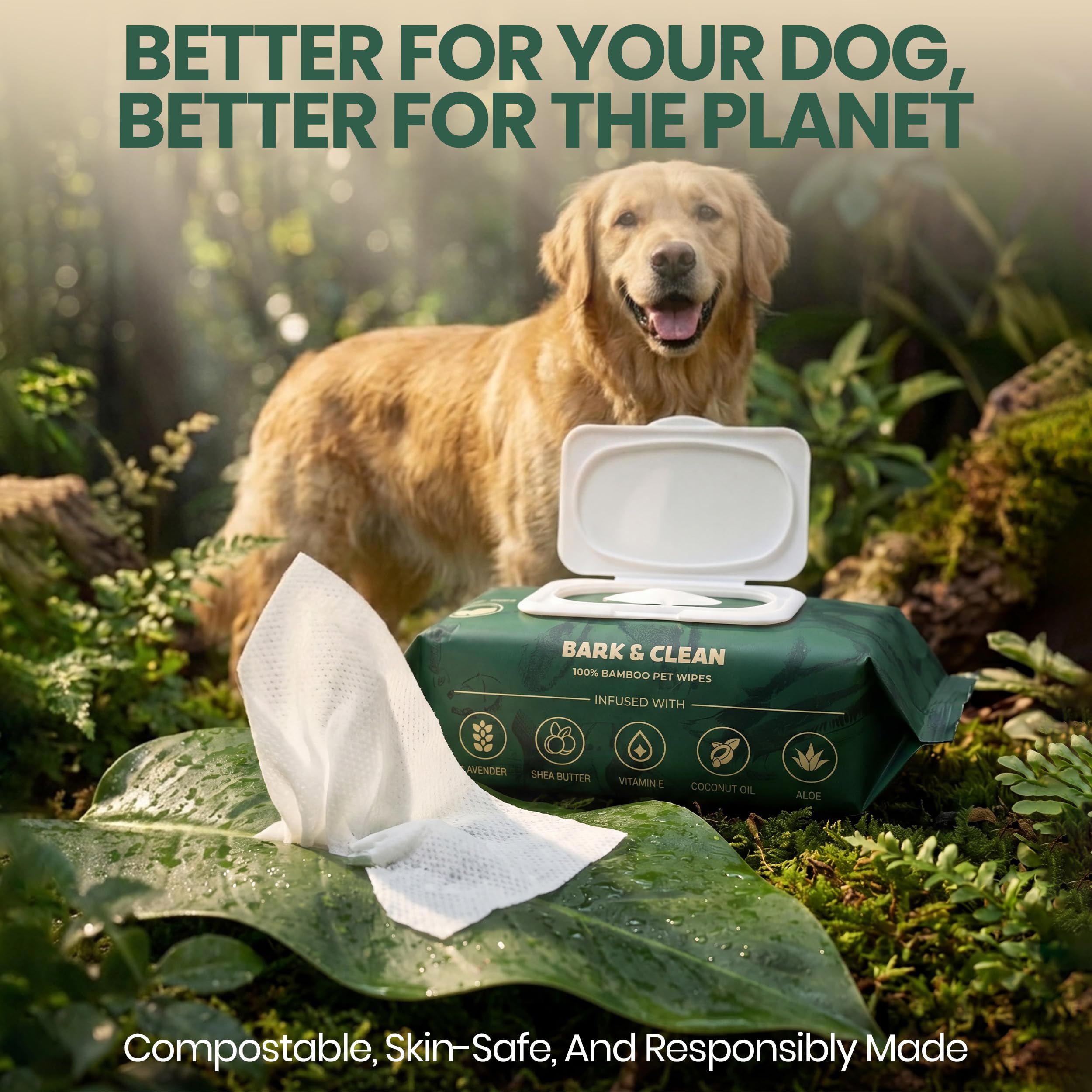 Bark & Clean 440 Dog Wipes for Cleaning and Deodorizing - 4 Pack of 110 8.5" x 9" Bamboo Pet Wipes - Compostable, Hypoallergenic Puppy Wipes - Dog Wipes for Paws, Butt, and Body