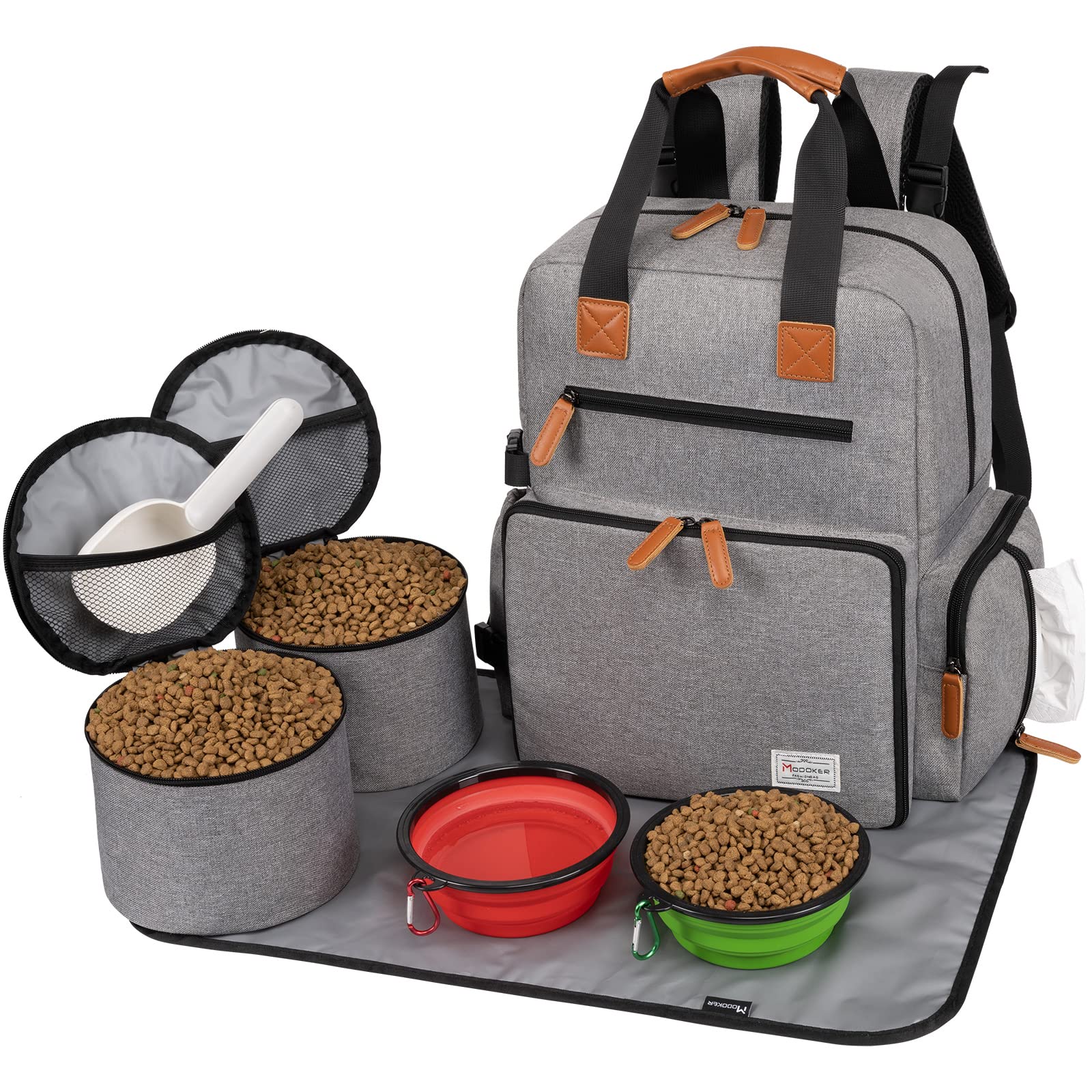 Modoker Dog Travel Bag, Airline Approved Backpack for Pet Accessories Organizer, Tote Weekend Bag with 2 Food Storage Containers, 2 Collapsible Dog Bowls, 1 Pet Mat, Grey