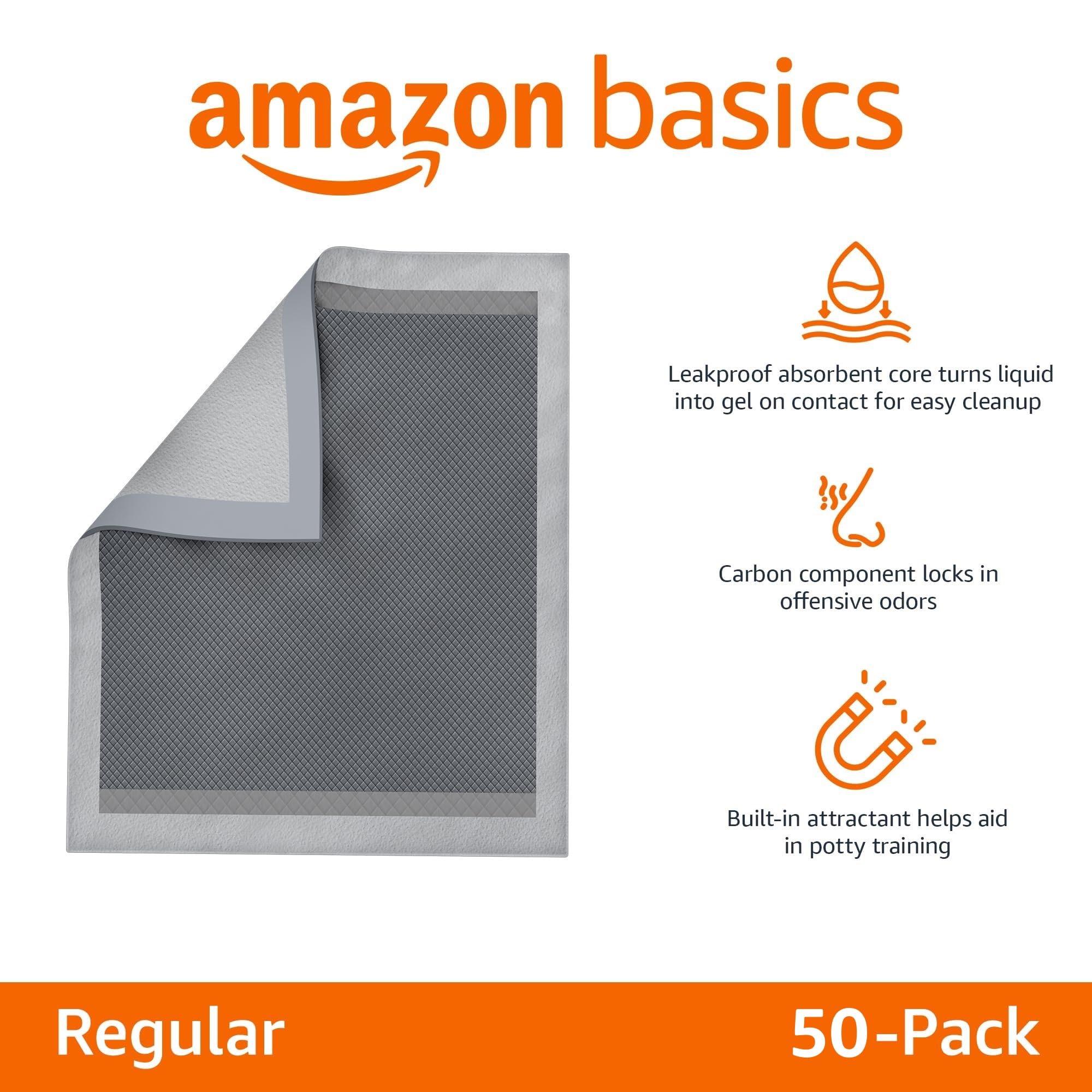 Amazon Basics Carbon Odor Control Dog and Puppy Pee Pads, 5-Layer Leak-Proof Super Absorbent, Quick-Dry Surface for Potty Training and Housebreaking, X-Large Size 28"x34", Gray, 50 Count