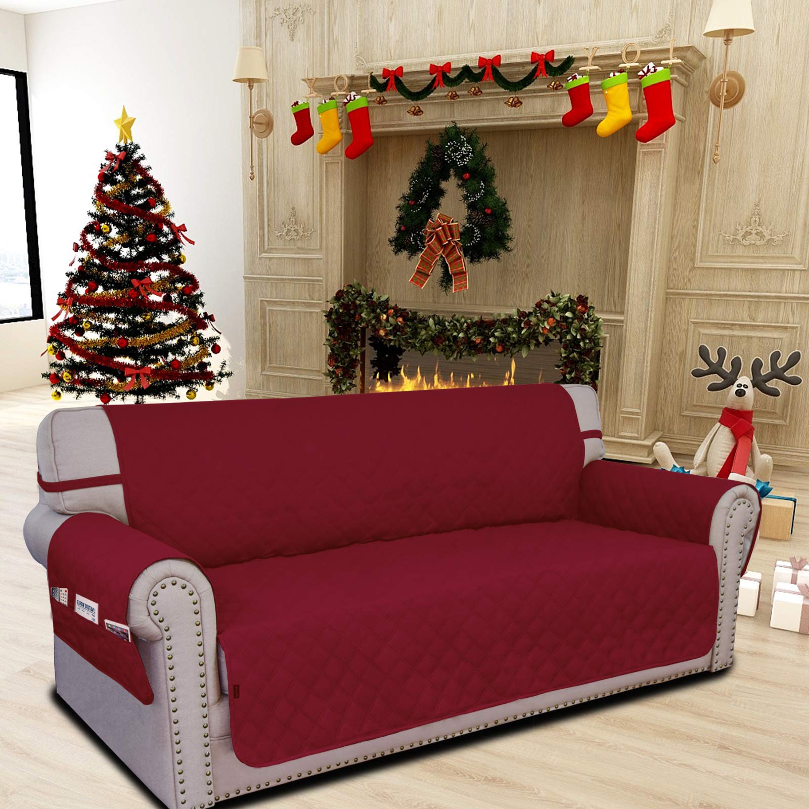 Easy-Going Sofa Slipcover Waterproof Couch Cover for 3 Cushion Couch Sofa Cover Furniture Protector Cover Pets Covers Washable Non-Slip Fabric Pets Kids Children Dog Cat (Sofa, Wine)