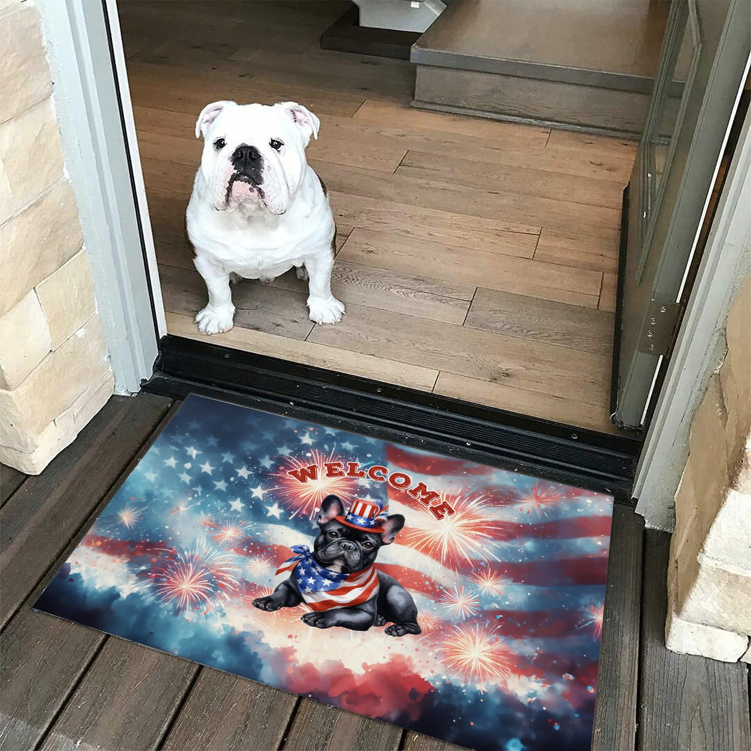 Ninety3POD French Bulldog Patriotic Welcome for 4Th of July Independence Day Doormat Dog Lover Gifts Indoor Outdoor Welcome Mat - 00010