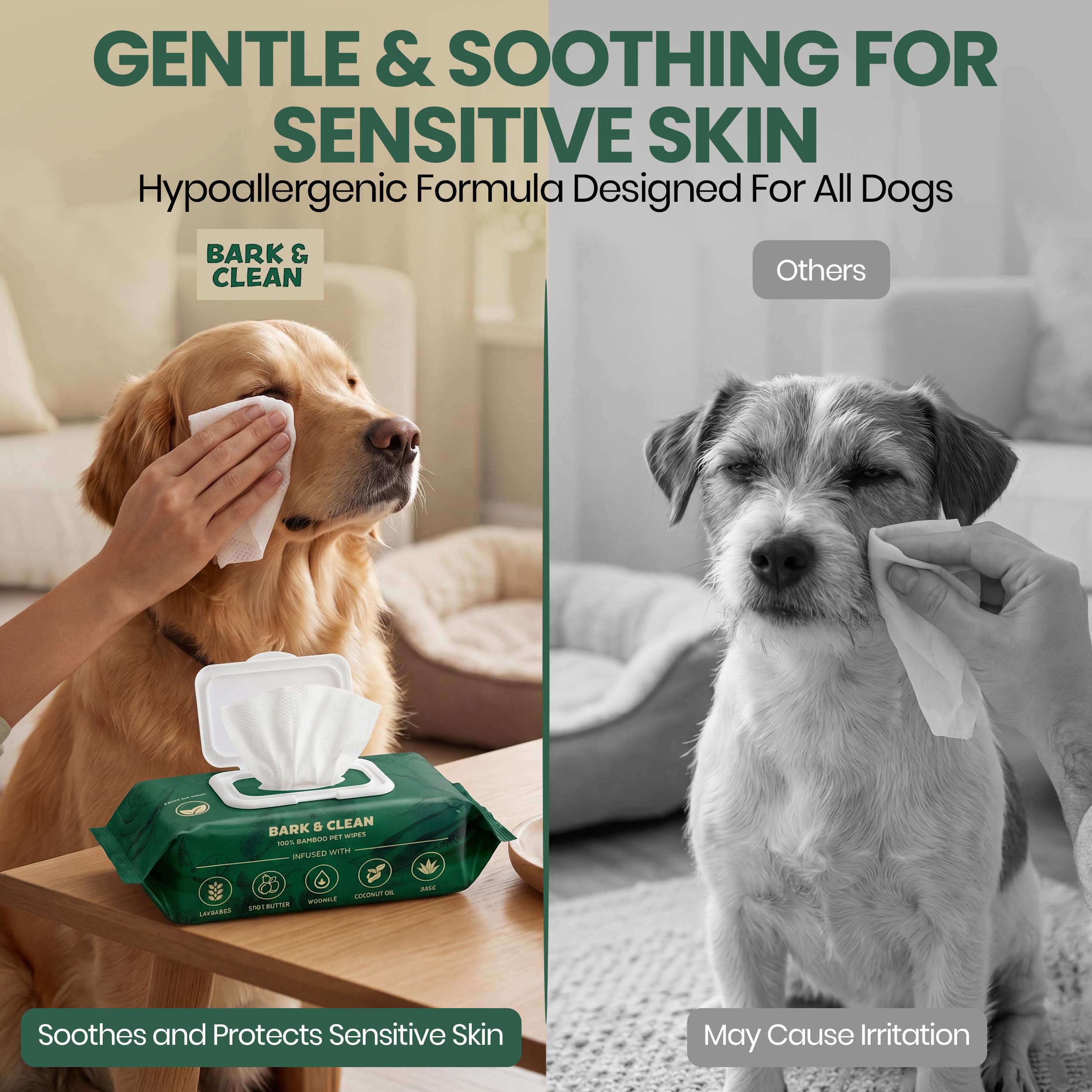 Bark & Clean 440 Dog Wipes for Cleaning and Deodorizing - 4 Pack of 110 8.5" x 9" Bamboo Pet Wipes - Compostable, Hypoallergenic Puppy Wipes - Dog Wipes for Paws, Butt, and Body