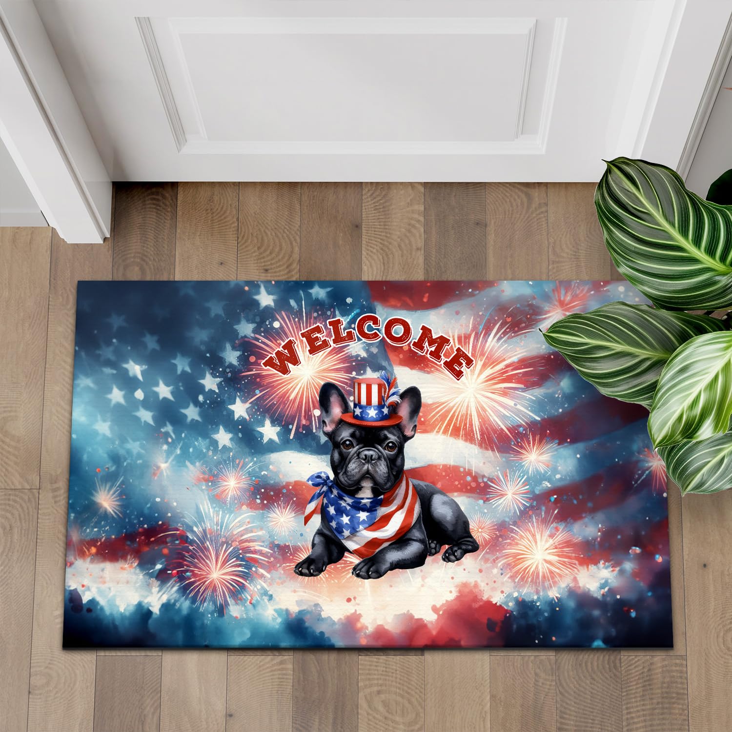 Ninety3POD French Bulldog Patriotic Welcome for 4Th of July Independence Day Doormat Dog Lover Gifts Indoor Outdoor Welcome Mat - 00010