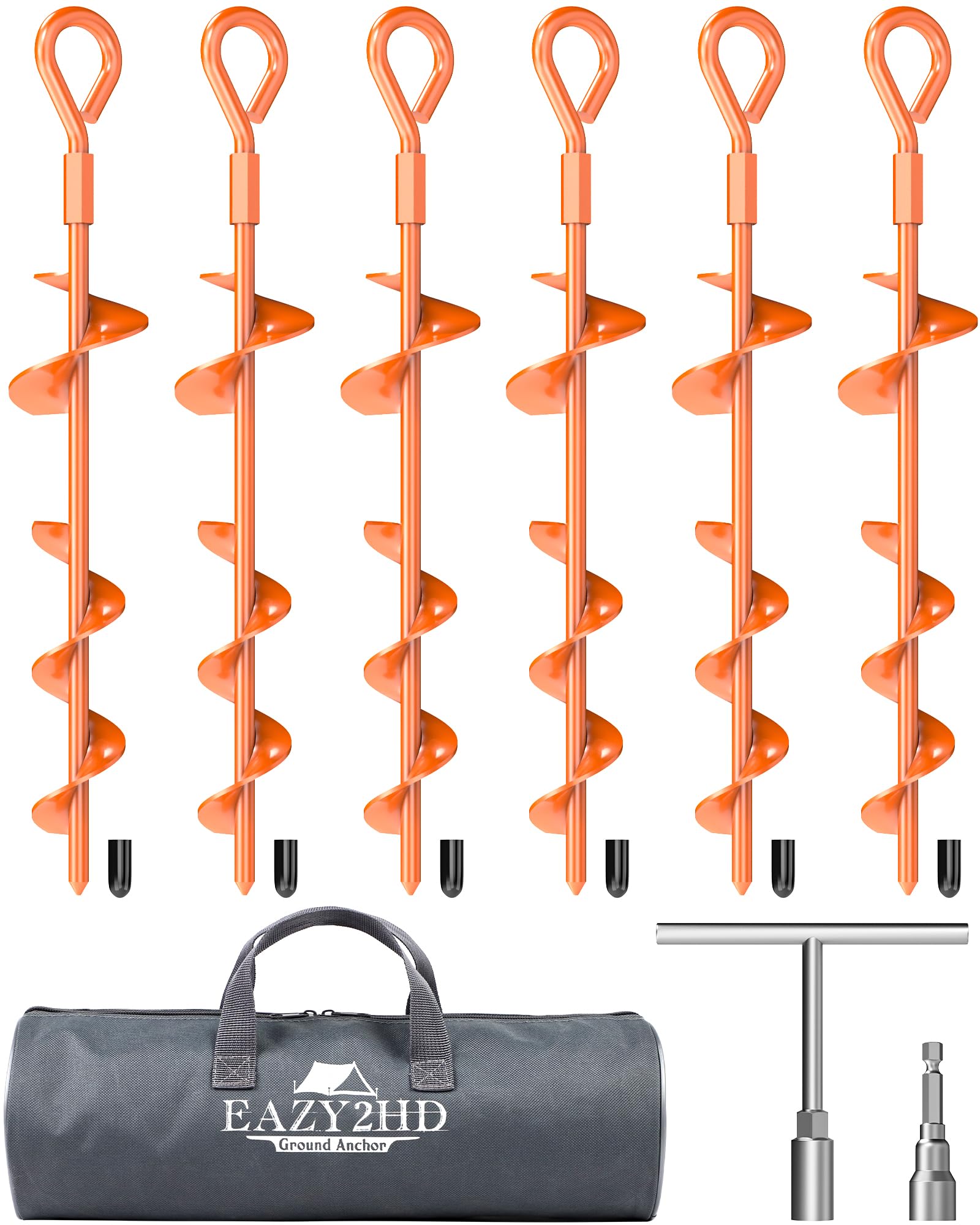 15 Inch Ground Anchors Screw in, 6 Pack Heavy Duty Earth Anchors with T Handle Hex Wrench and Power Nut Driver, Metal Trampoline Stakes Spiral Anchor Kit for Tent, Shed, Swing Set, Car Port, Canopy