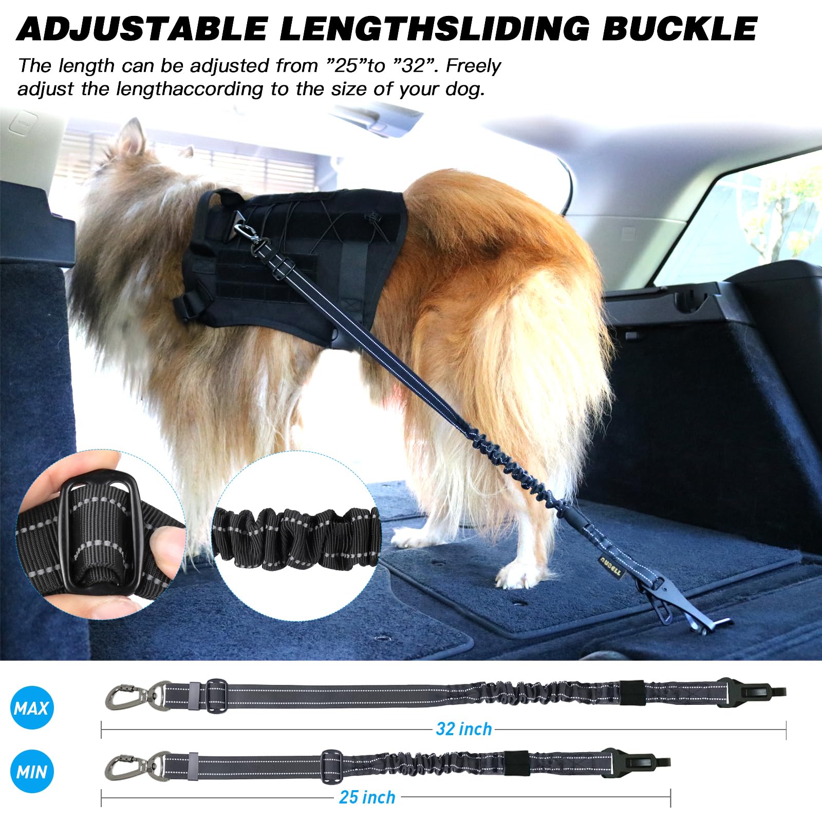 AUBELL Dog Seat Belt for Car,Updated 3-in-1 Adjustable Reflective Bungee Heavy Duty Dog Car Harness Tether with Clip Hook Latch & Buckle,Swivel Zinc Alloy Carabiner,Black